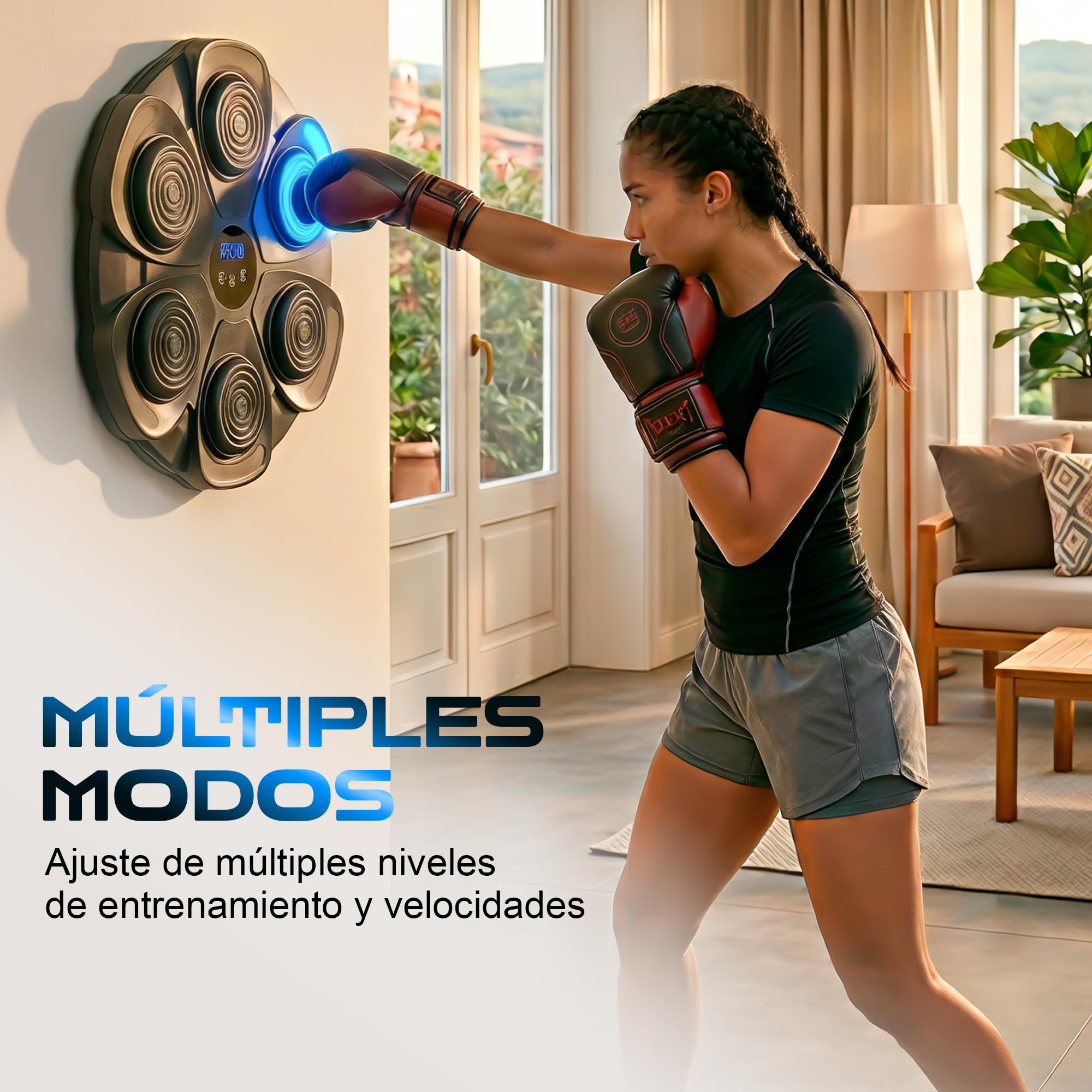 Unicview Máquina de Boxeo Musical Inteligente con Luces RGB, Bluetooth 5.0 y Pantalla LED, Entrenador de Reacción con Múltiples Modos y Velocidades, Montaje en Pared, Incluye Guantes