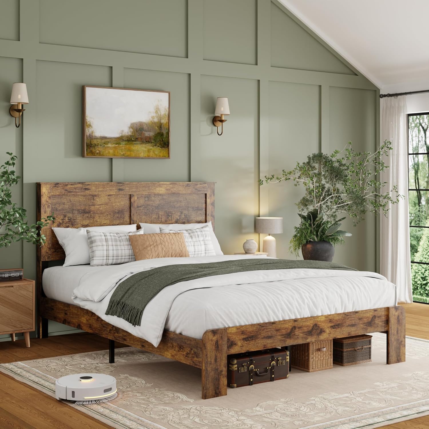 Queen Wood Platform Bed Frame, Queen Size Bed Frame with Headboard, Rustic Farmhouse Furniture, Sturdy Frame and Metal Slats, Noiseless, No Spring Box Required, Easy Assembly, Vintage Brown