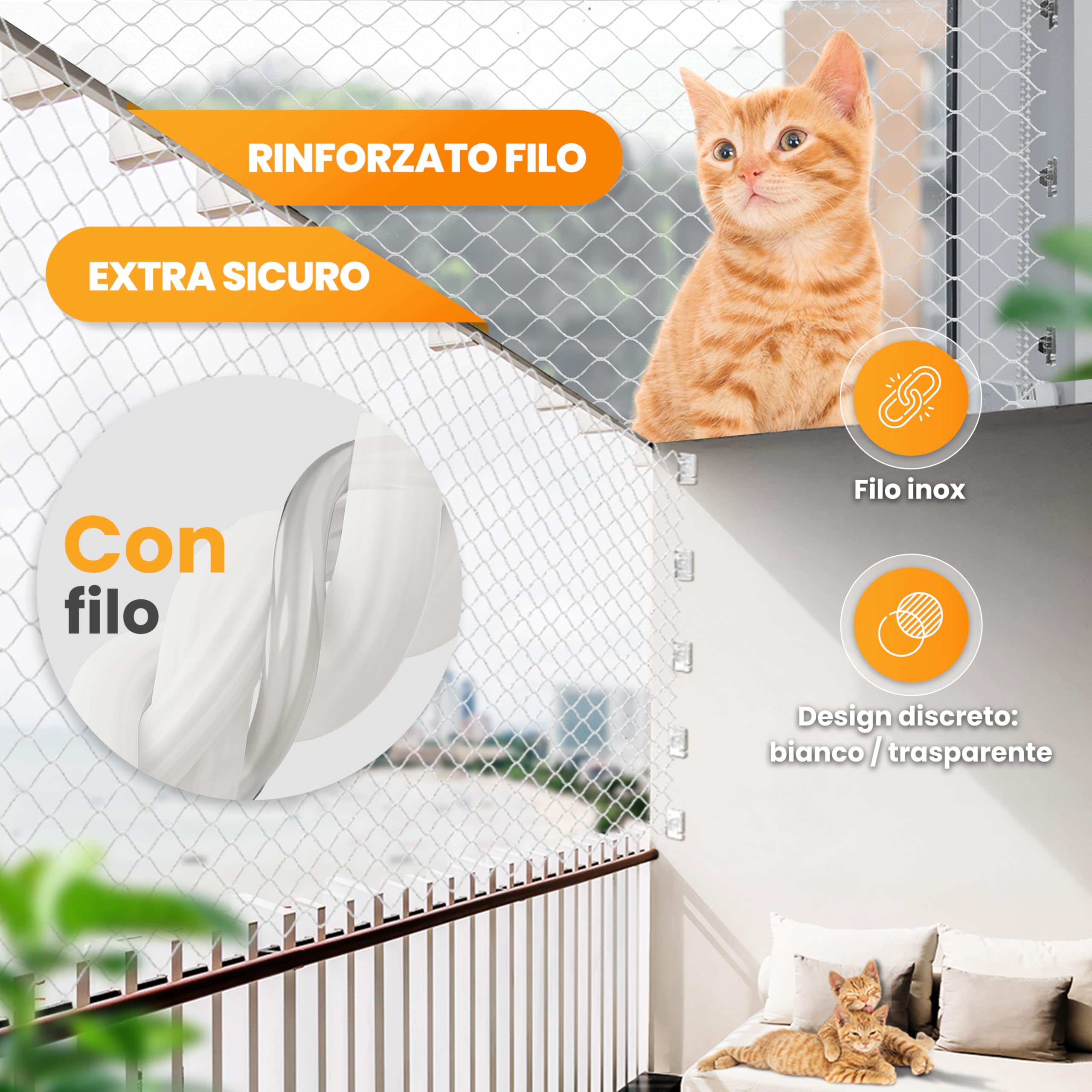 Naturiz Rete per gatti per balcone senza foratura, 3 x 4 m, rinforzata con filo trasparente/bianco, griglia per gatti con gancio adesivo – Rete di protezione per gatti per balcone e finestre, rete da