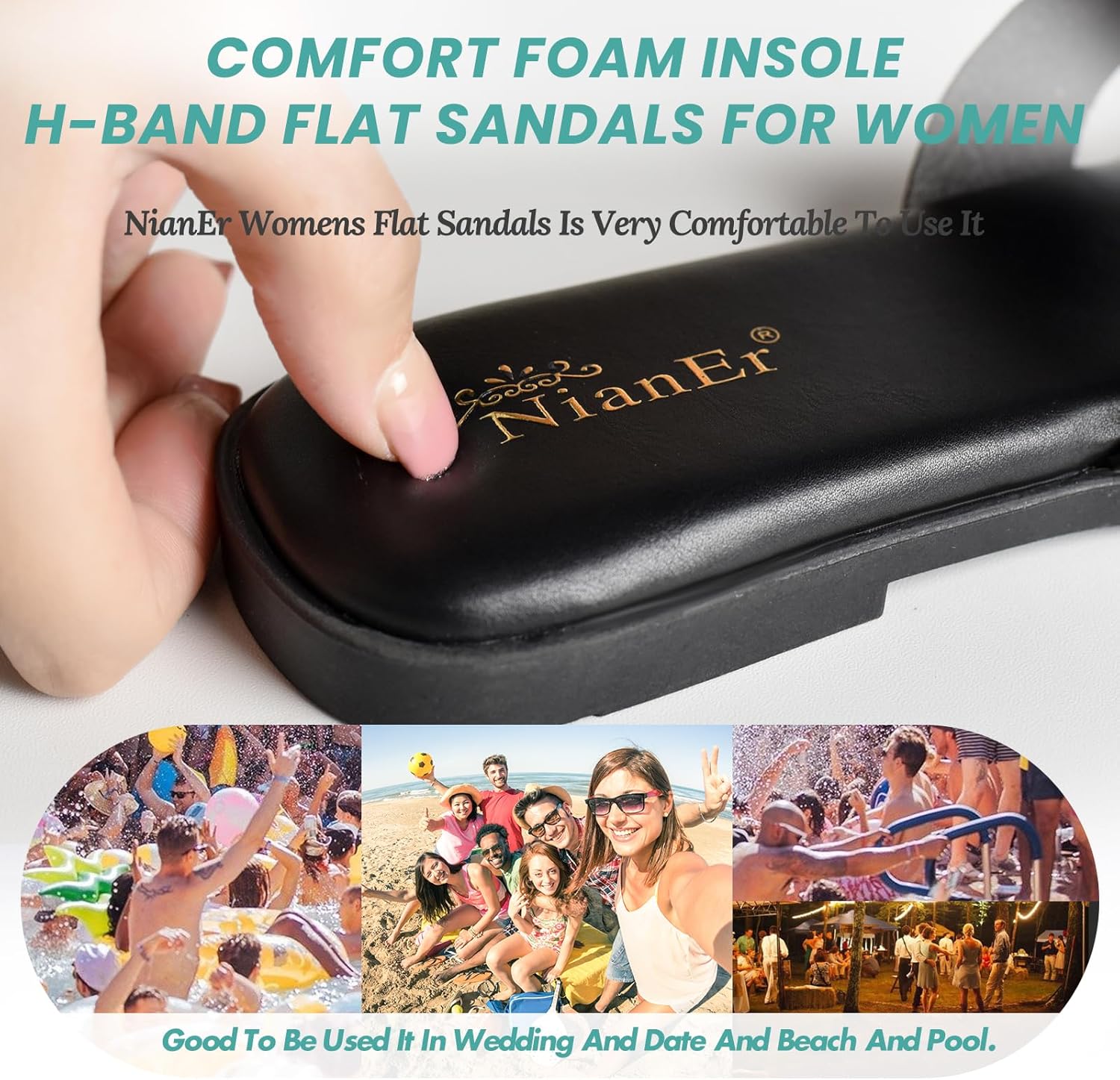 NianEr Womens Microfiber Leather Comfort Foam Support H Sandals Square Toe Dress Dressy Slip On Casual Cute Comfort Bride Bridal Wedding Designer Date Flat Sandals Summer Shoes Slides - Image 2