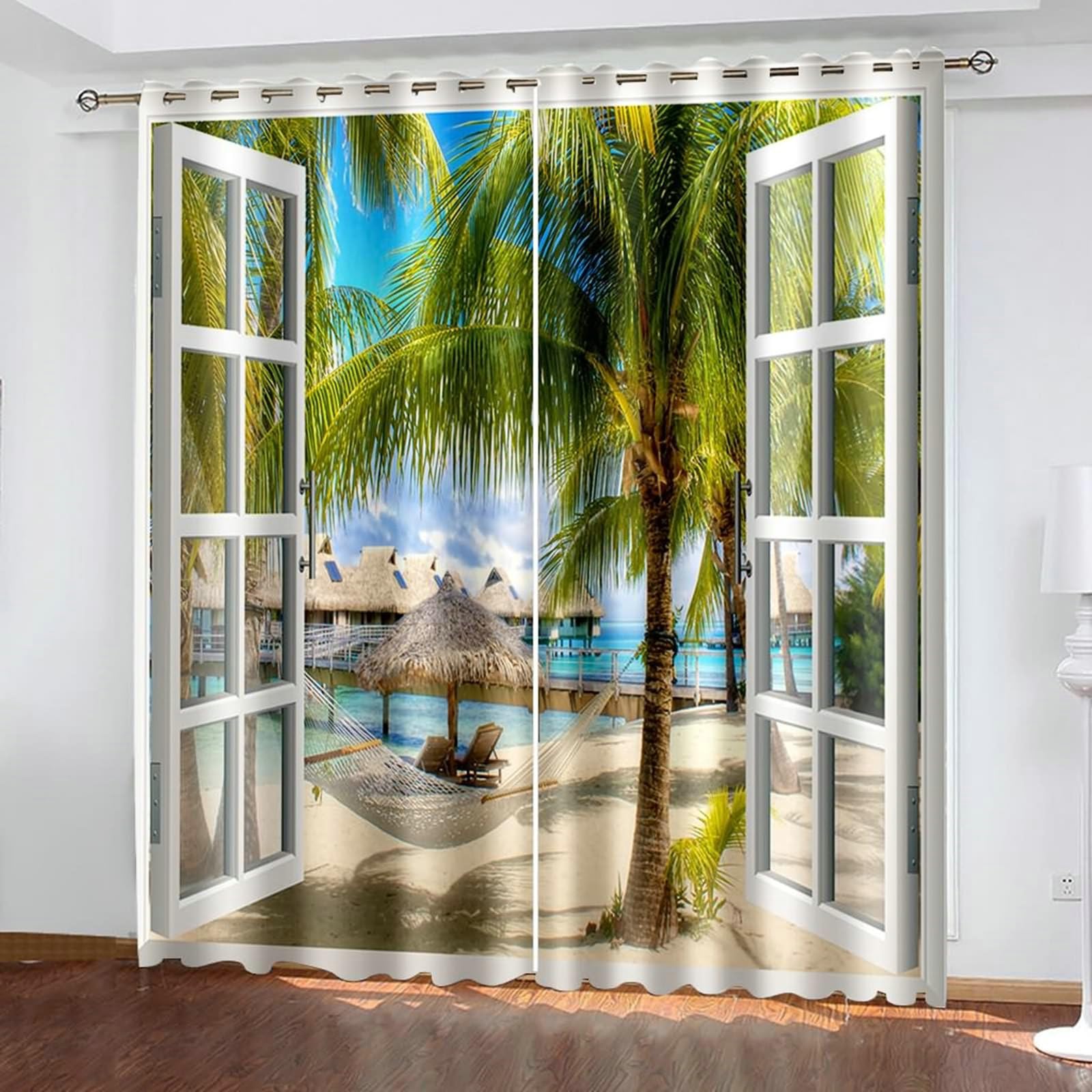 Zasłony zaciemniające o długości 244 cm, zasłony zaciemniające do pokoju, 2 zestawy paneli 52 szer. x 246 cm dł. okna, plaża, palma kokosowa i domy wakacyjne, zasłony termiczne do sypialni
