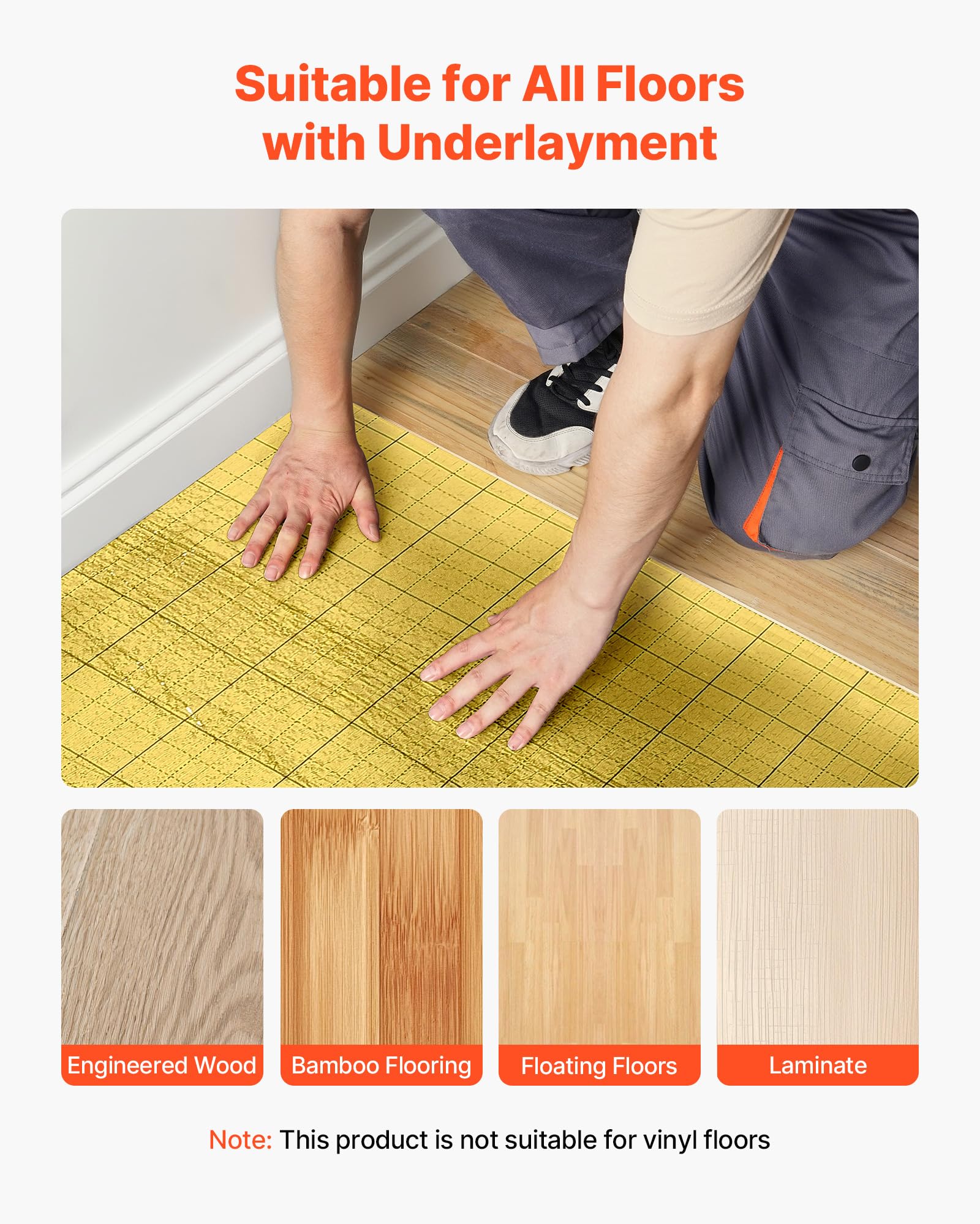 VEVOR Sous Couche Parquet, 18,6 m², Sous-couche Isolante, Épaisseur 3 mm, Mousse IXPE, Film PE Imperméable Doré, Insonorisation Anti-humidité, Protection Infiltration, pour Sols Stratifiés, Parquets