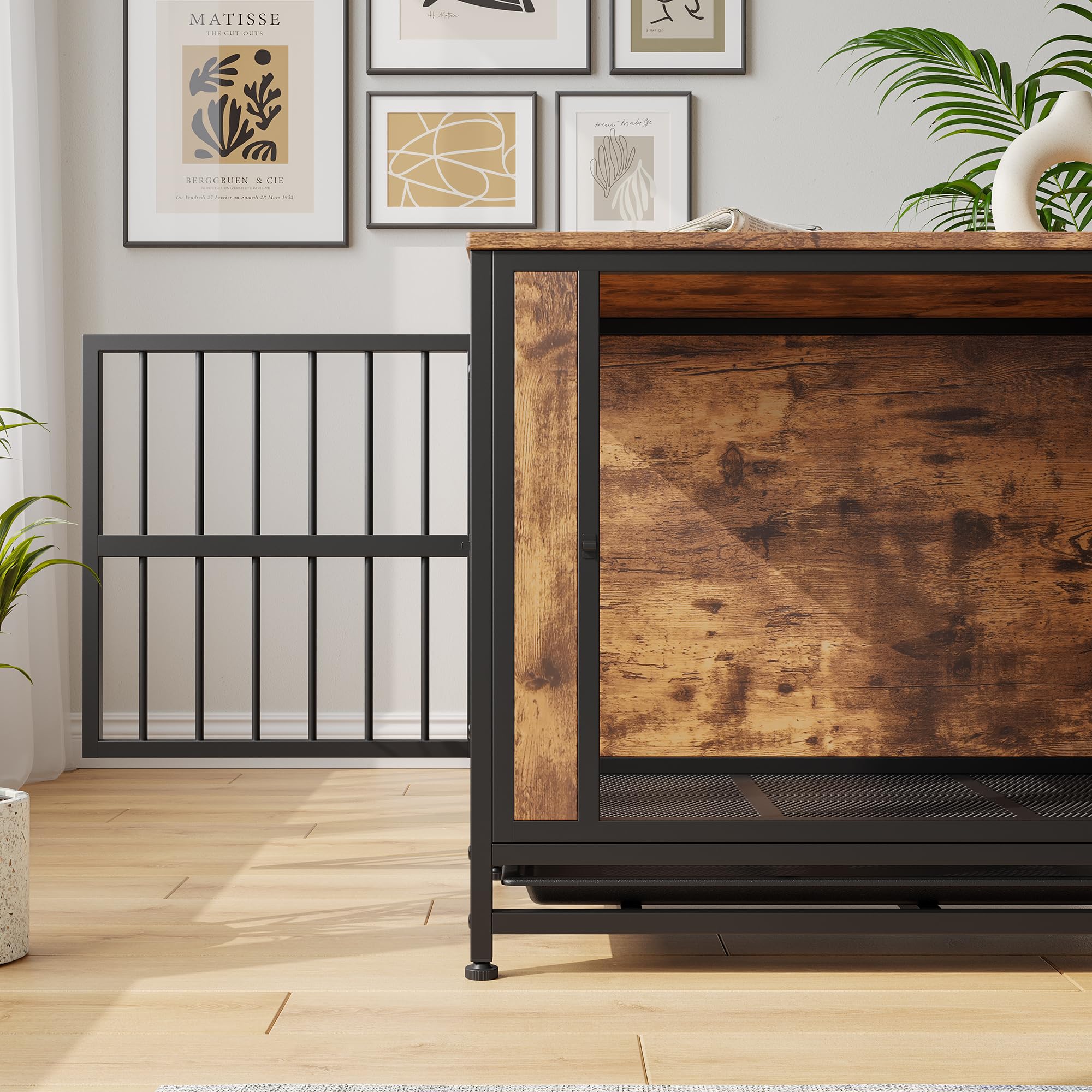Muebles de jaula para perros, jaula resistente para perros grandes/medianos, caseta de madera para interiores, casa para perros con bandeja extraíble, mesa auxiliar de jaula para mascotas de