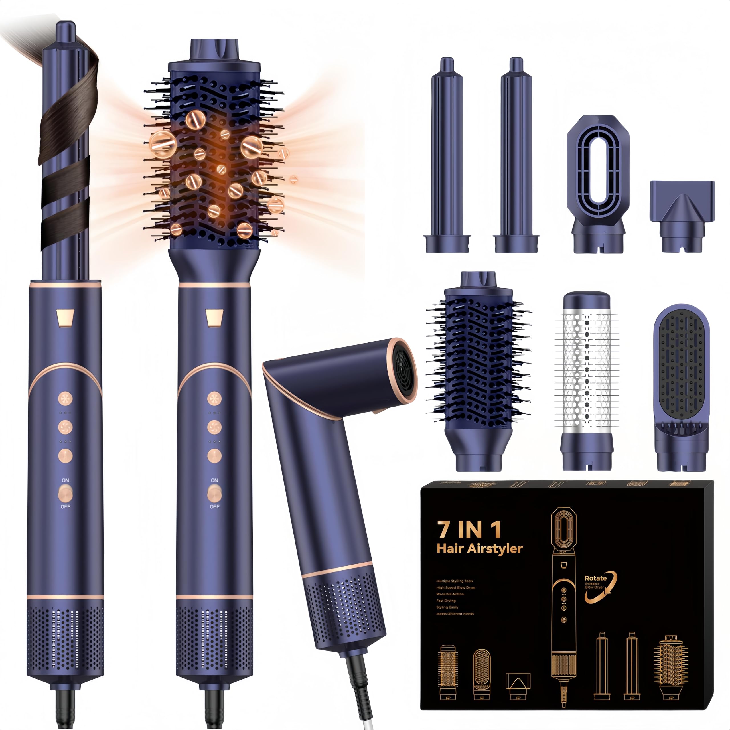 Asciugacapelli Ionico Professionale 7 in 1 [110,000 RPM] Set Styling Capelli con Spazzola Arricciacapelli ad Aria Automatica, Pettine Lisciante e Accessori, 3 Livelli Temperatura e Velocità, Blu