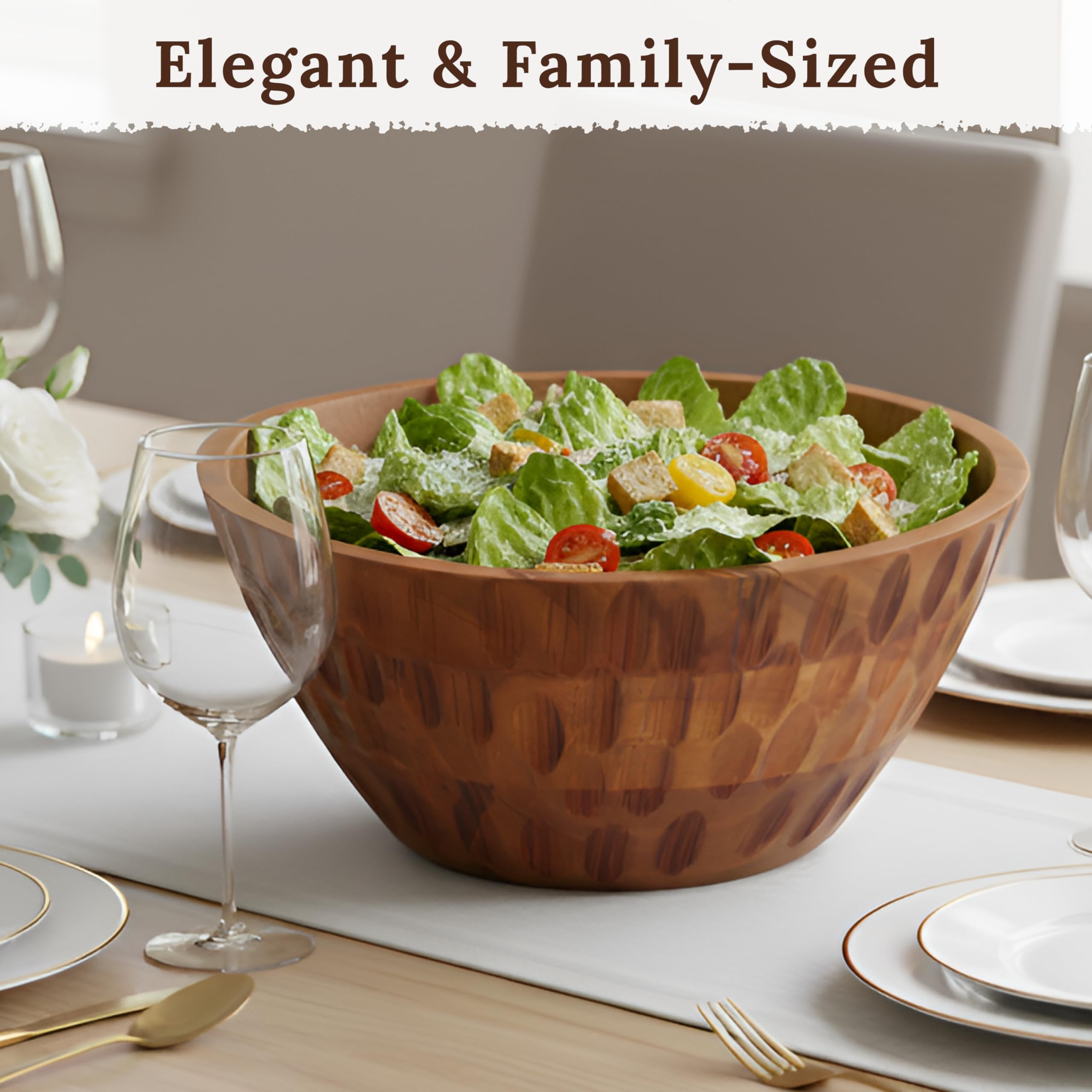 Juego de ensaladeras de madera – Acacia, cuenco de madera de 11 pulgadas con manteles individuales de yute y utensilios de servir, cuenco grande para encimera de cocina, decoración