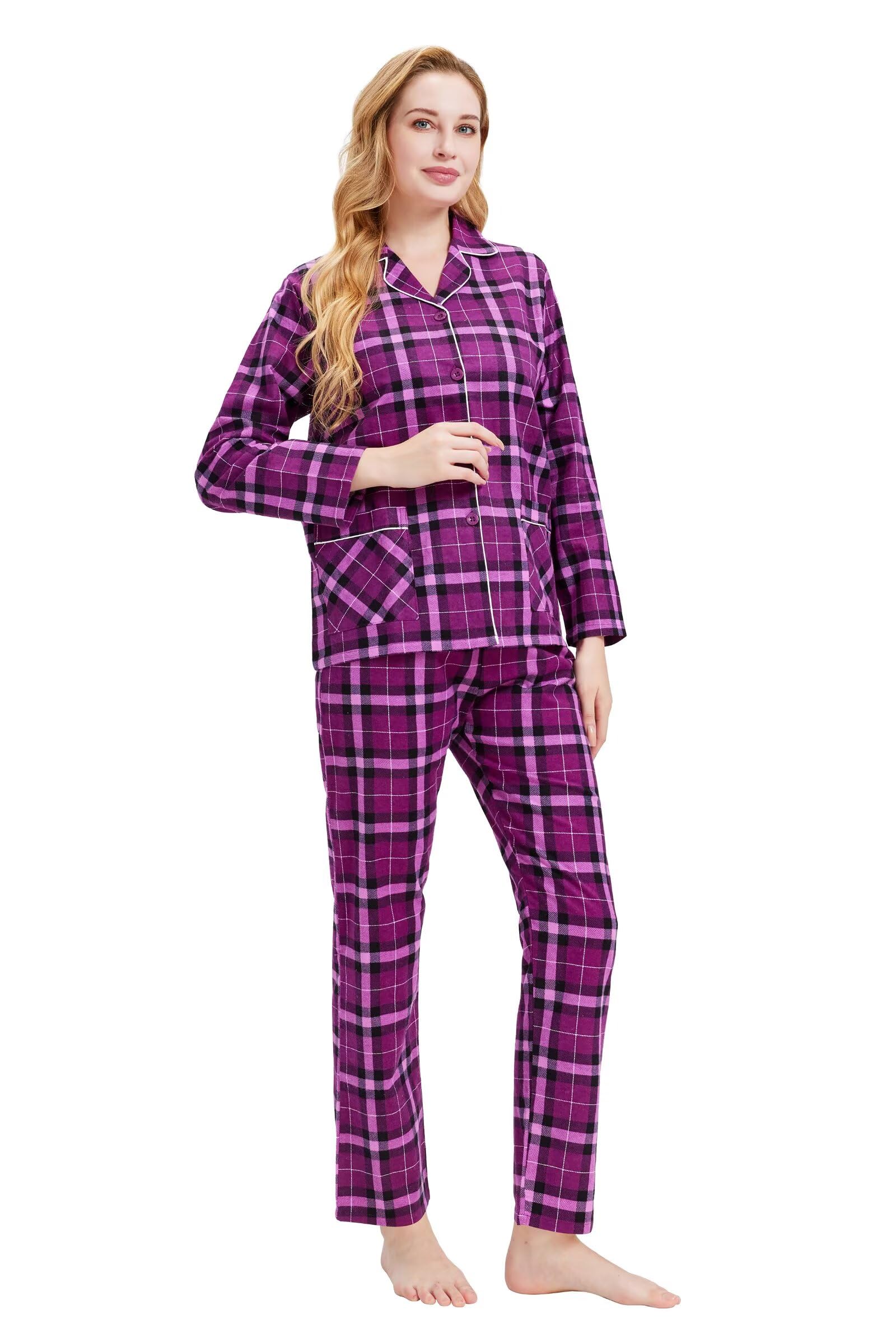 GLOBAL Women's Flannel Pajamas Set 100% Cotton PJs for Women Long Sleeve Button Drawstring Waist Warm Loungewear Sleepwear
