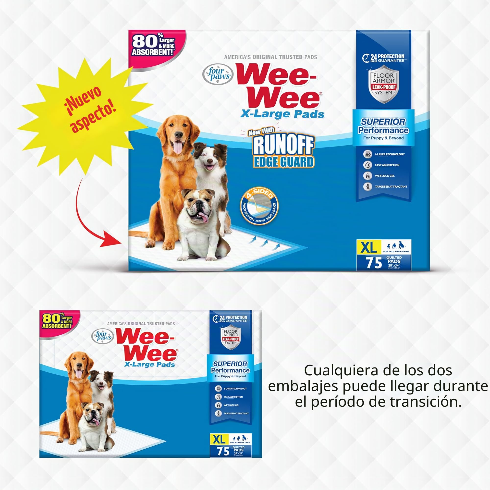 Four Paws Wee-Wee - Almohadillas para orina de rendimiento superior para perros con protección de borde de barrera de escorrentía, almohadillas de entrenamiento para cachorros y perros, suministros de