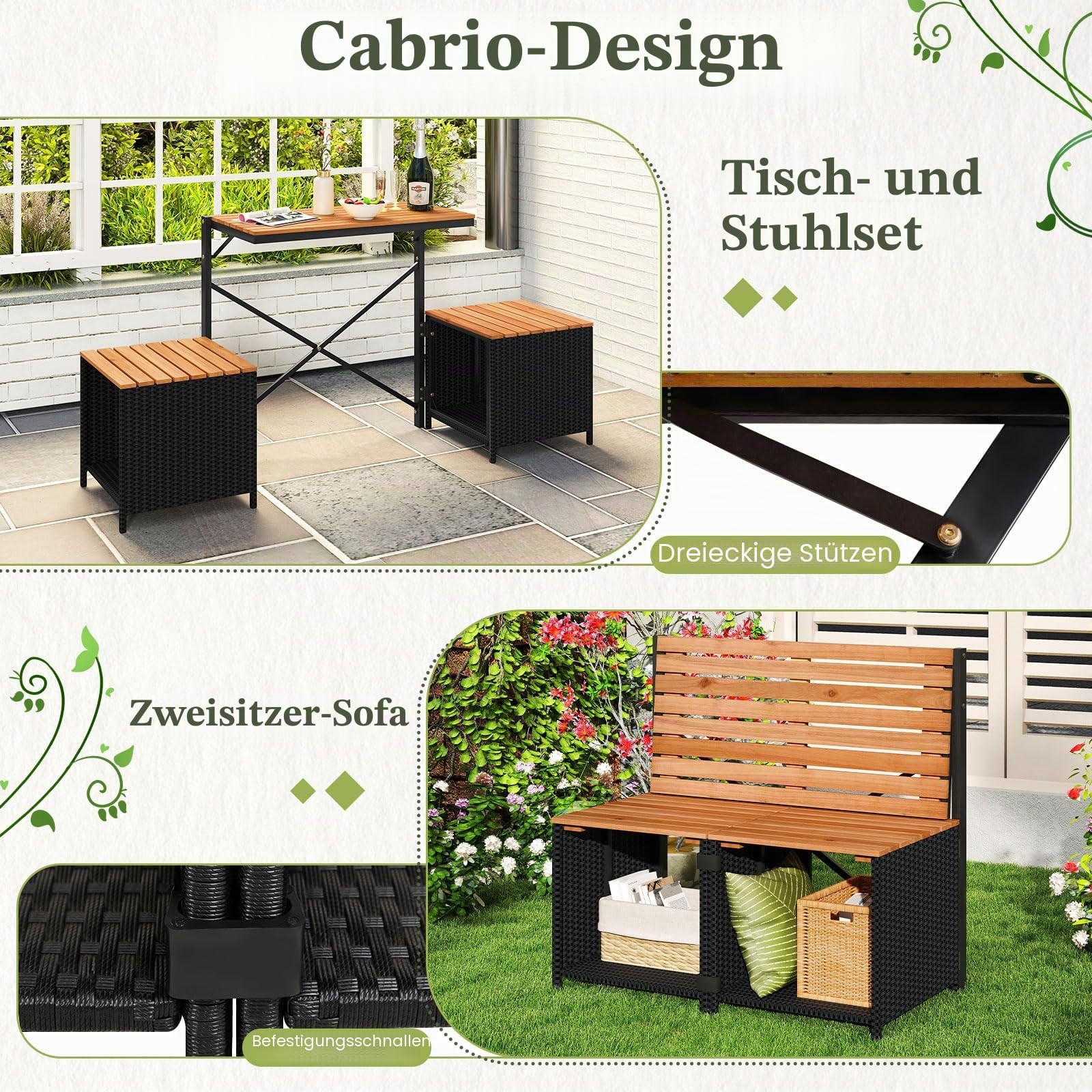 FANTASK 2 in 1 Gartenbank, wandelbarer Outdoor-Bank & Picknicktisch, Balkonmöbel Kleiner, Balkonset Sitzgruppe für Garten, Terrasse