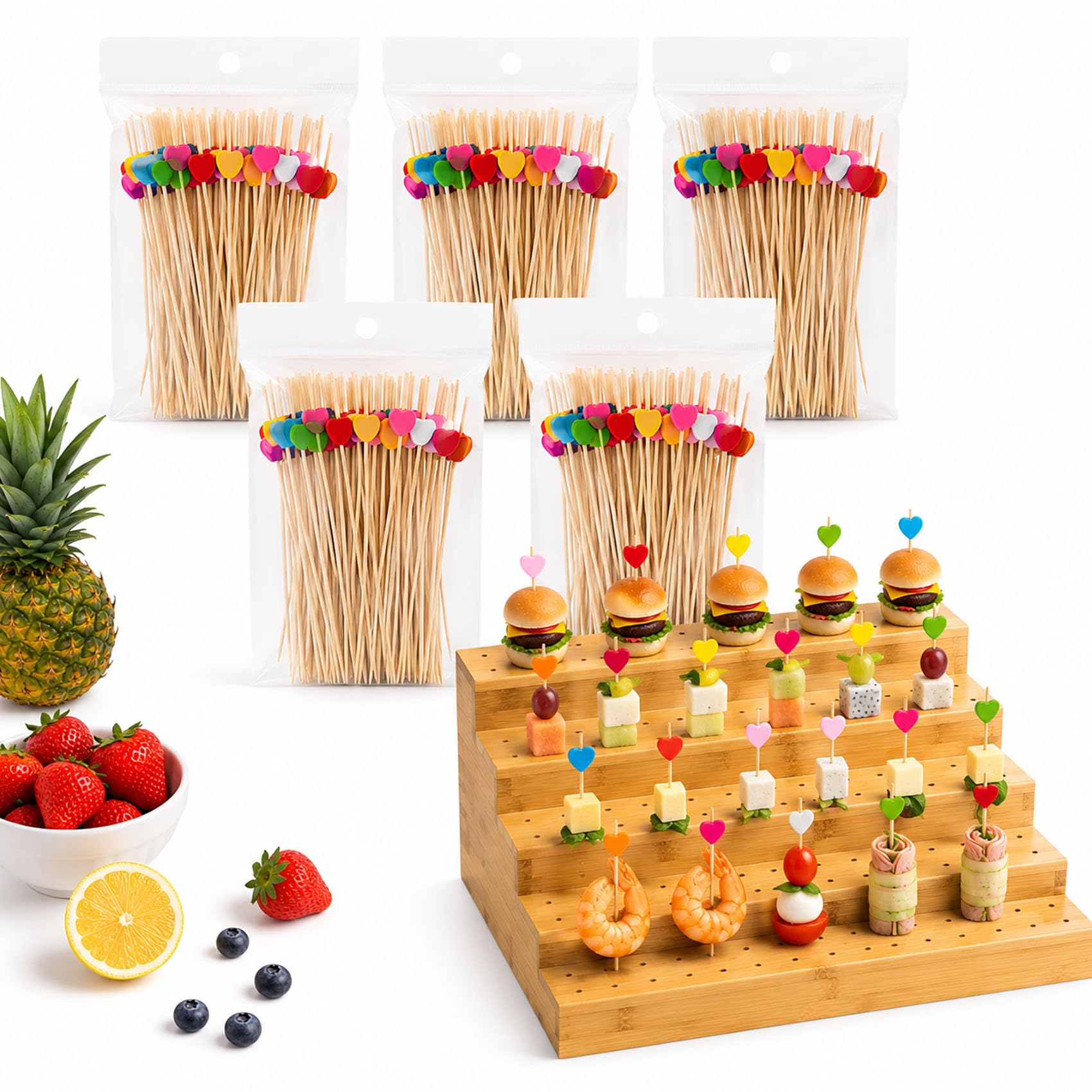 Cemssitu Bamboo Skewer Holder, 6-Tier Natural Bamboo Food Display Stand with 180 Holes and 100 Heart-Shaped Skewers, for Appetizer, Party, Buffet, Wedding (500pcs Bamboo Skewer only)