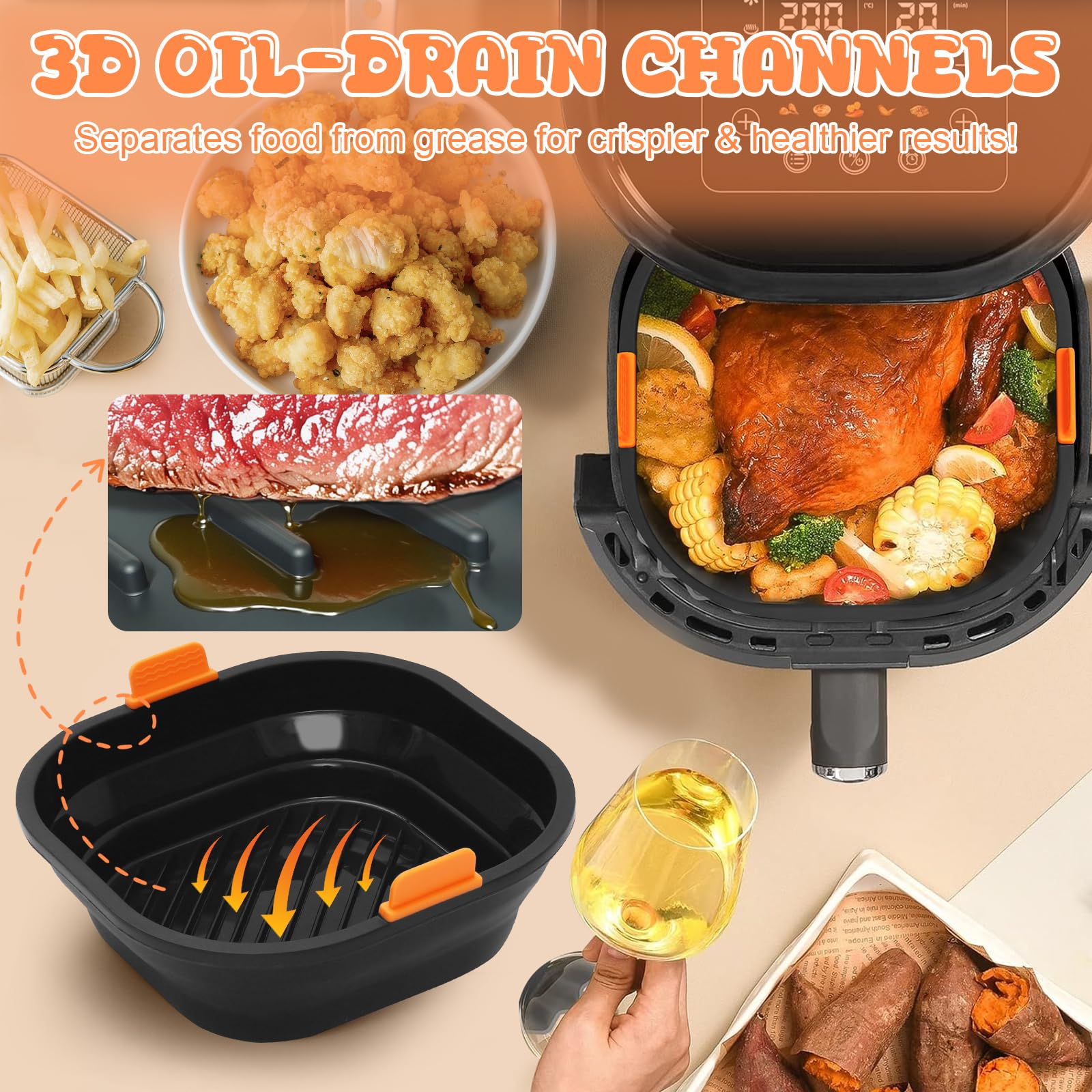 21cm Teglia per Friggitrice ad Aria [Set da 2] - Struttura in Acciaio Inox Indeformabile, Pieghevole e Lavabile in Lavastoviglie - Con Ninja/Philips/COSORI/Tefal/Russell Hobbs/Cecotec/Princess