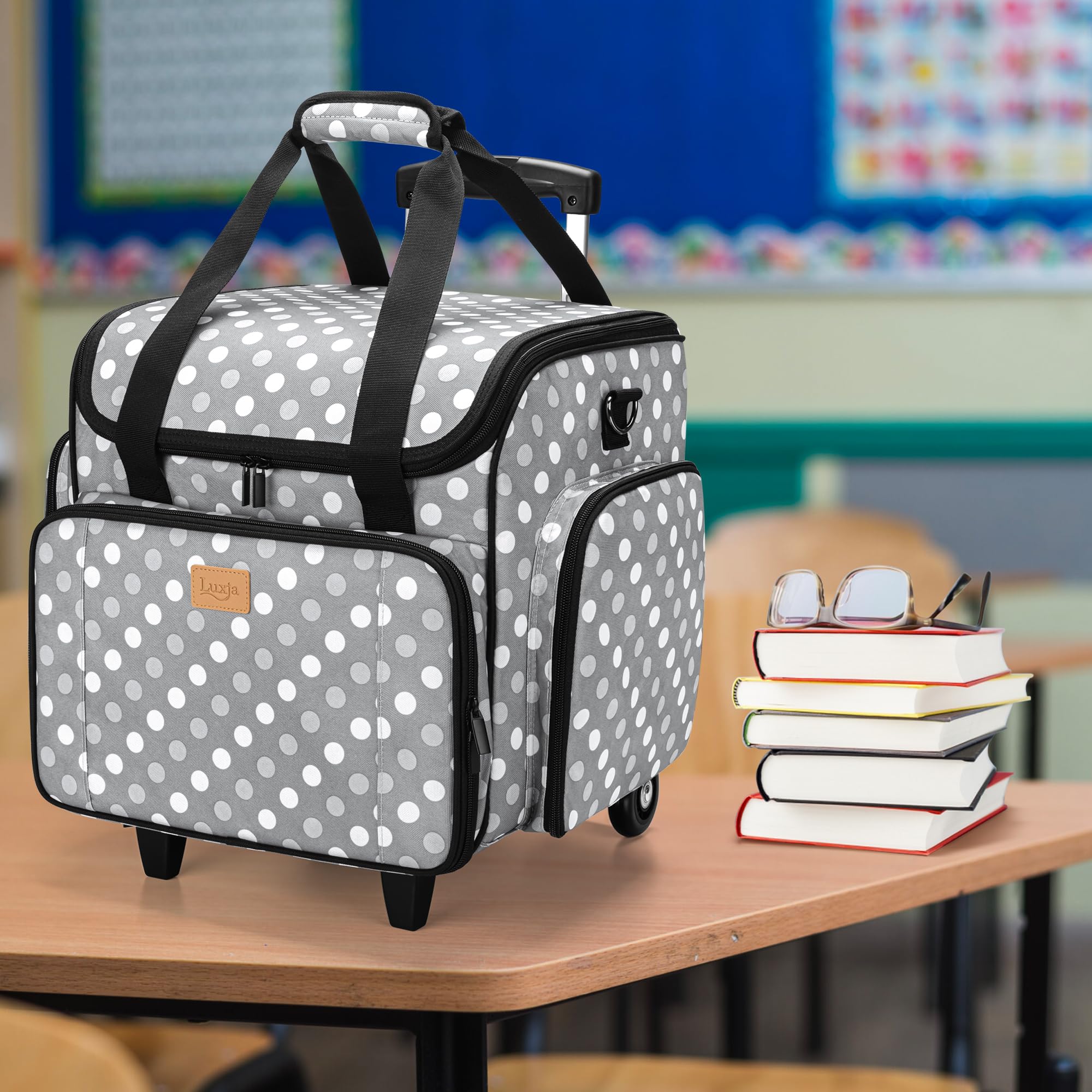 Luxja Sac à roulettes pour Professeur avec Plusieurs Poches et Coussin de Soutien Inférieur, Sac de Transport pour Enseignant avec Chariot Détachable (Brevet de Conception), Pois Gris
