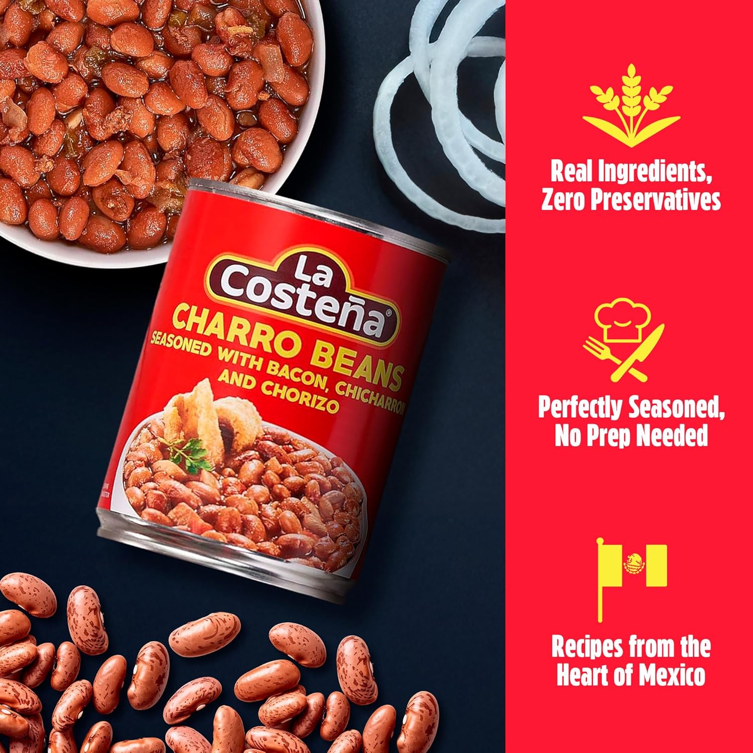 La Costeña Charro Beans - Ready-to-Eat Canned Pinto Beans with Chorizo, Bacon & Chicharrones - Mexican Food, Tex Mex, Chili Ingredients, Bean Dip, Bean Burger & Burrito - 19.75oz, 12 Pack Canned Food