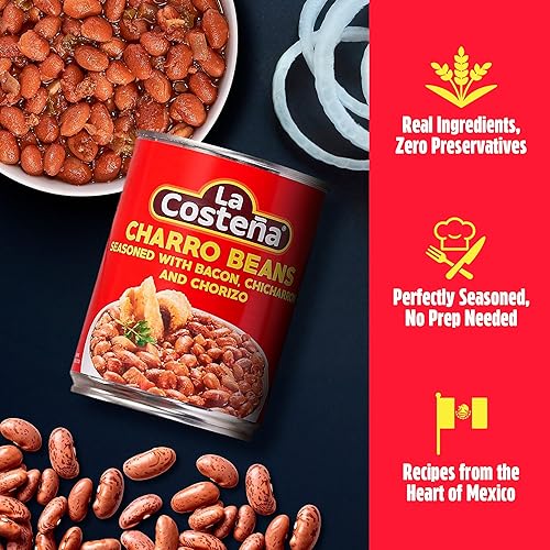Vista 4 de LA Costeña Frijoles Enteros Charro Frijoles pintos con cebolla, ajo, chorizo, tocino, chicharrones y tomate, lata de 19.75 onzas (paquete de 12)