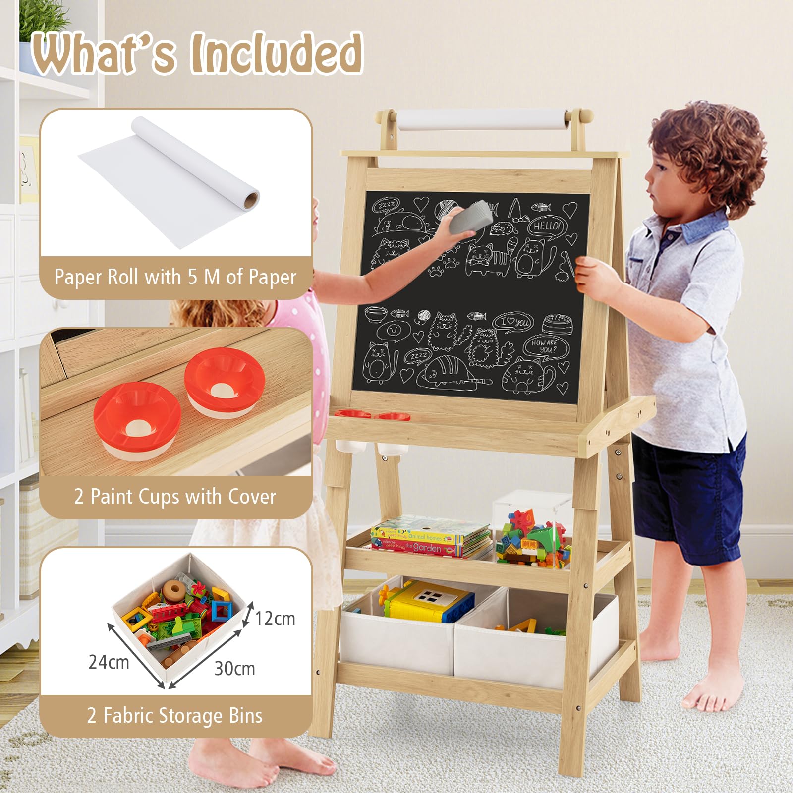 LIFEZEAL Pizarra infantil 3 en 1 con 2 caras (Natural) | Caballete infantil con pizarra blanca, rollo de papel, mesa magnética y 2 niveles de almacenamiento