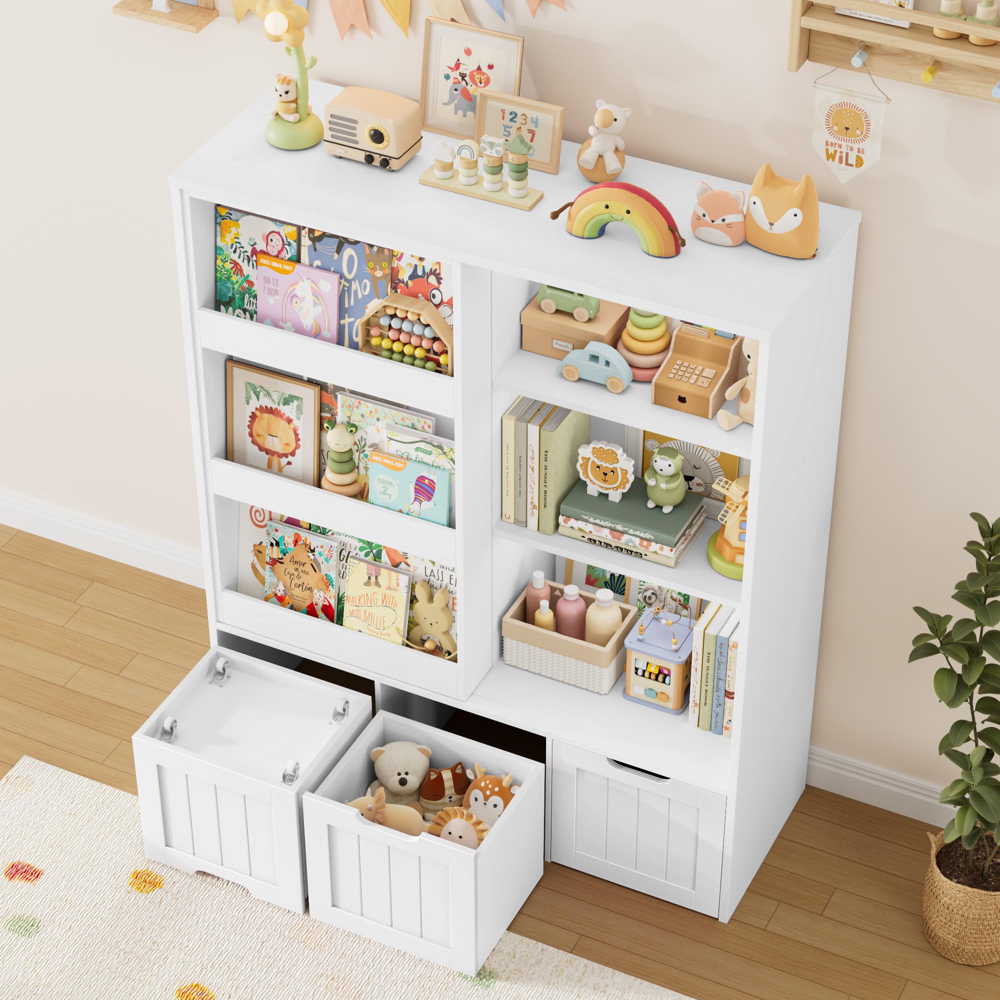 FOREHILL Bibliothèque Enfant avec Porte Coulissante Meuble Rangement Enfant avec 10 Étagères 3 Tiroirs Roulants Meubles Rangement Jouet pour Chambre d’Enfants 120,5x37x100cm Blanc