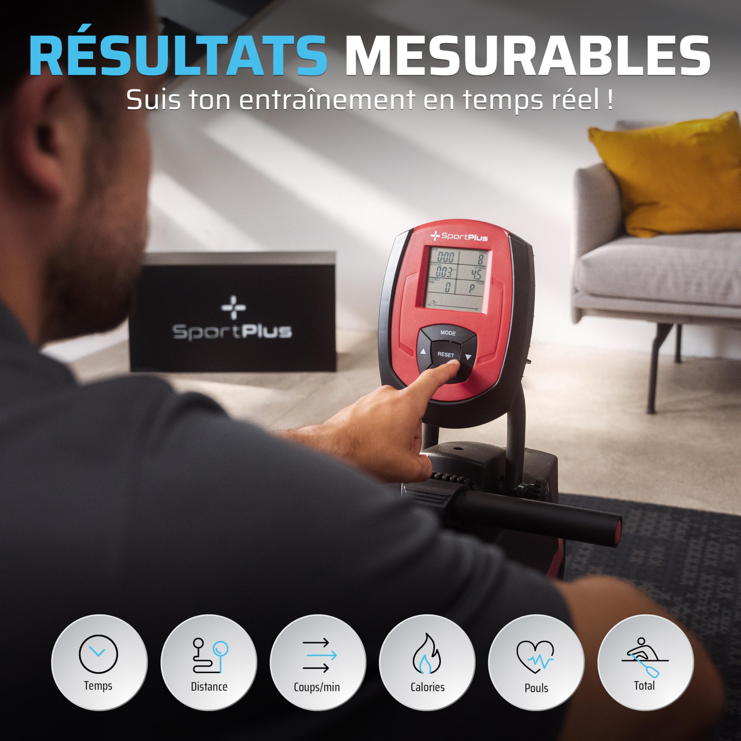 SportPlus Rameur pour la Maison Pliable - Conçu en Allemagne - Système de freinage magnétique Silencieux - 8 Niveaux de résistance, Masse d'inertie de 8 kg - Capacité Maximale 150KG