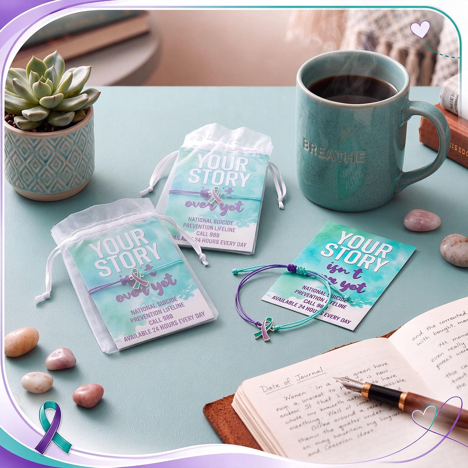 100 Set Suicide Prevention Bracelets with Cards, Purple Teal Ribbon Gifts