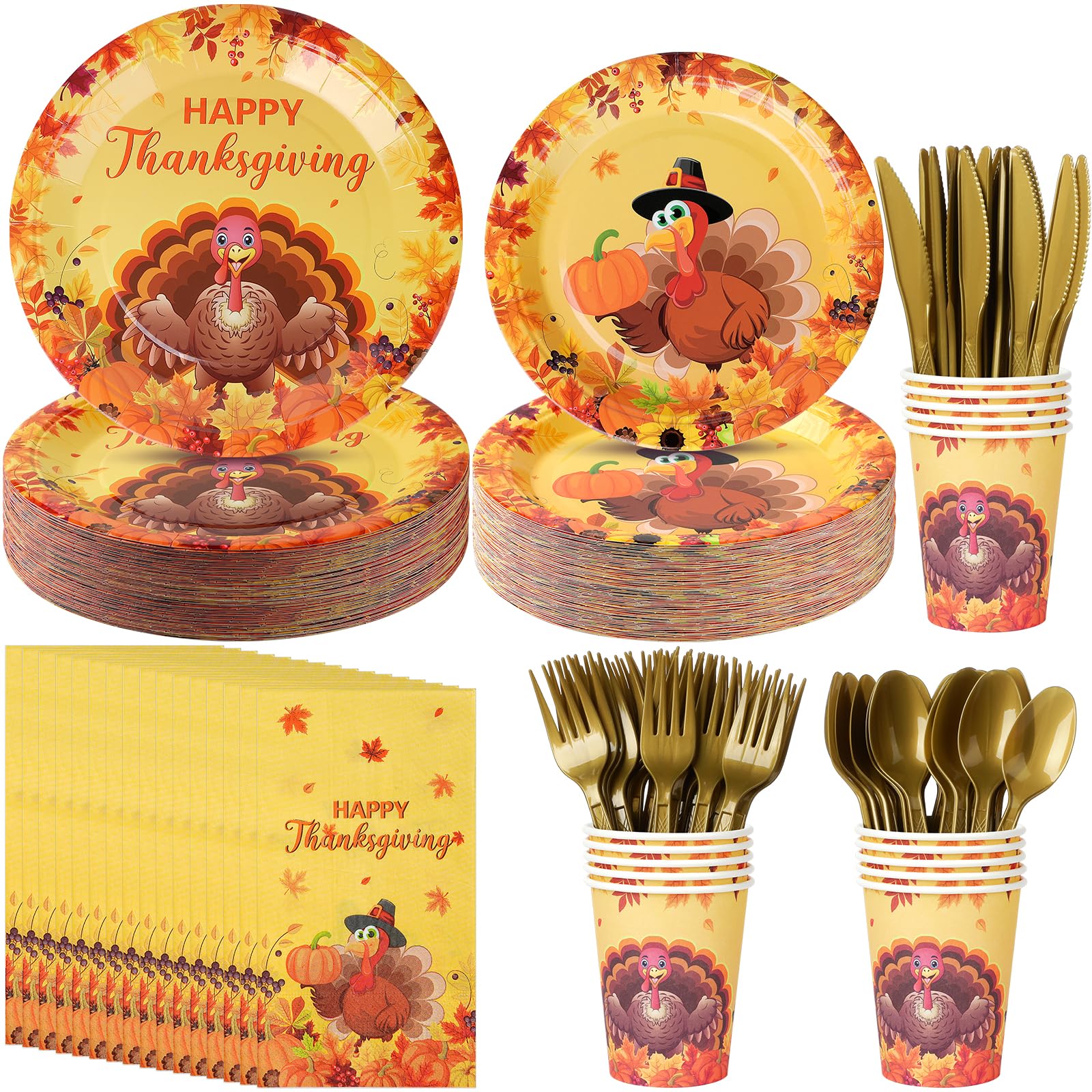 Thanksgiving Plates and Napkins Set, Disposable Fall Party Supplies,Autumn Pumpkin Maple Leaves Turkey Dinnerware Plates Napkins Cups Forks Knives Spoon for Give Thanks Party Decorations,Serve 25