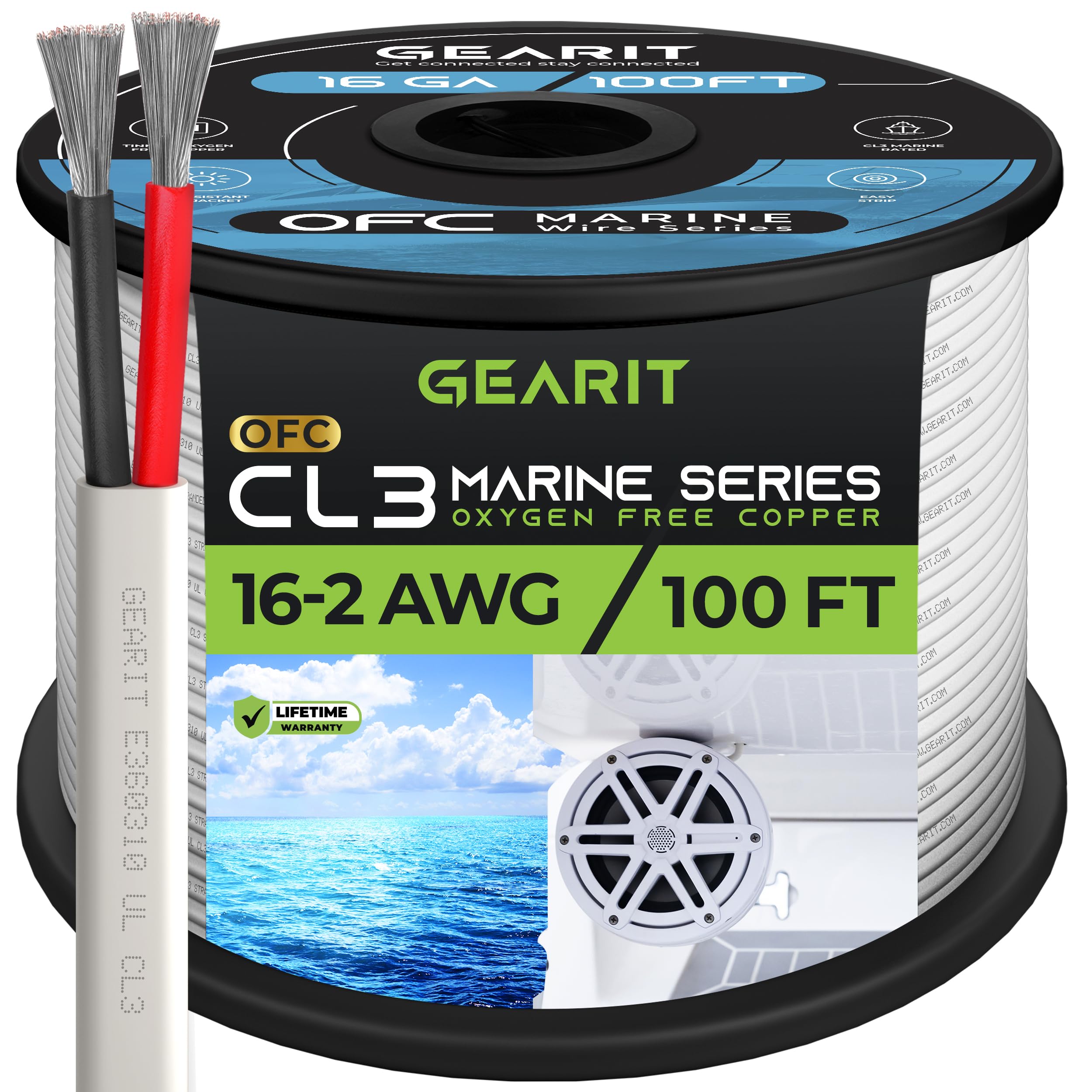 GearIT 16/2 Marine Wire (100 Feet) 16AWG Gauge - Tinned OFC Copper/Marine Grade Speaker Cable/Duplex / 2 Conductors - OFC Oxygen-Free Copper, White 100ft