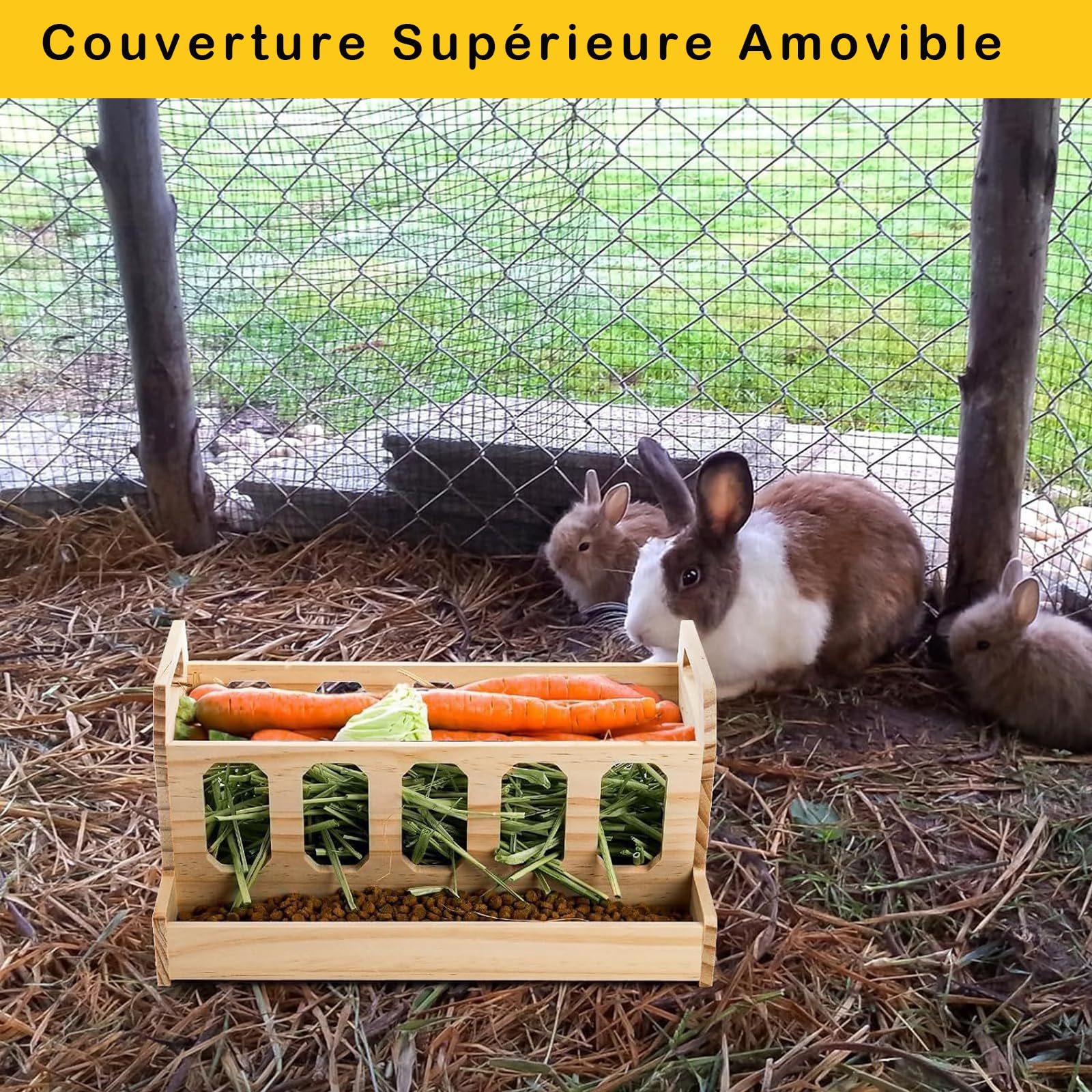 Râtelier à Foin pour Rongeurs, Distributeur en Bois Naturel Non Traité 30x22x18 cm pour Lapins et Cochons d'Inde