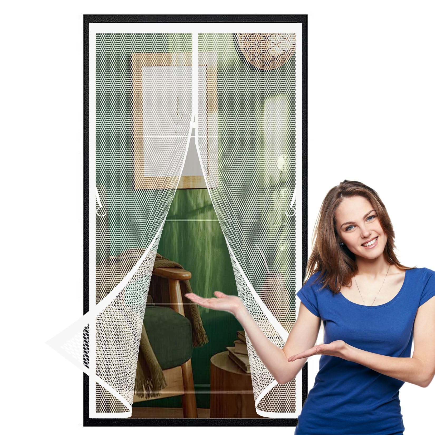 Magnetic Screen Door 129 x 240 cm with Magnets, Magic Tapes, Polyester Magnetic Door Curtain Heavy Duty, Lets Fresh Air Pet and Kid Friendly, White