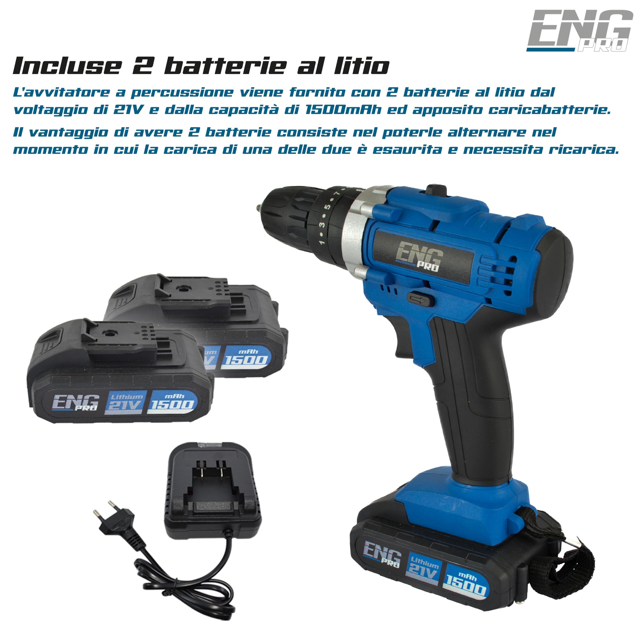 ENG PRO Trapano Avvitatore a Batteria a percussione da 21V in Valigetta 27 Accessori 2 Batterie e 1 Caricatore Velocità 0-1350 RPM Mandrino Autoserrante 10mm - UM ET AB21