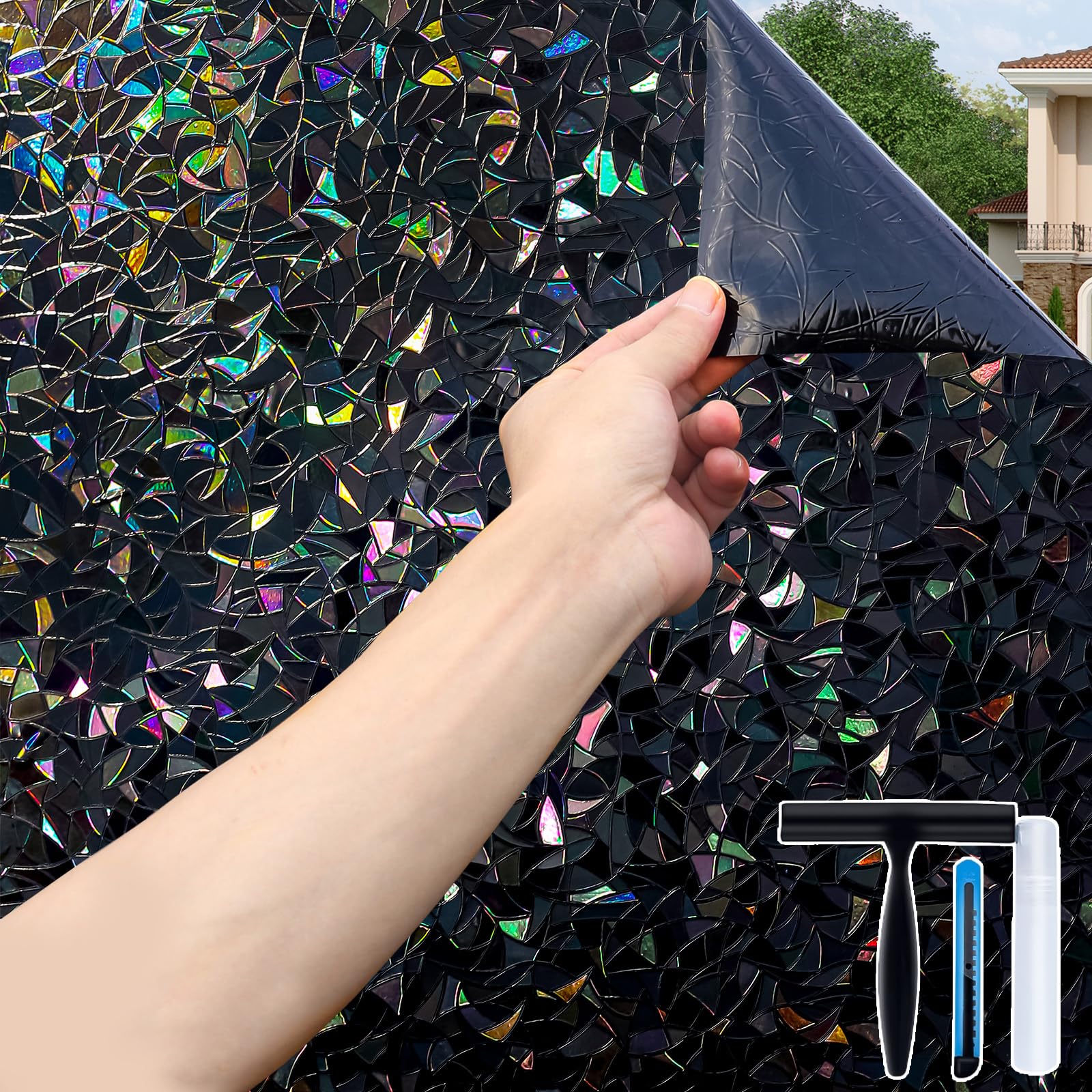 Volcanics Total-Blackout-Window-Privacy-Film, Rainbow Room Darkening Black Window Cover, Static Cling 100% Light Blocking 17.5 x 78.7 Inches