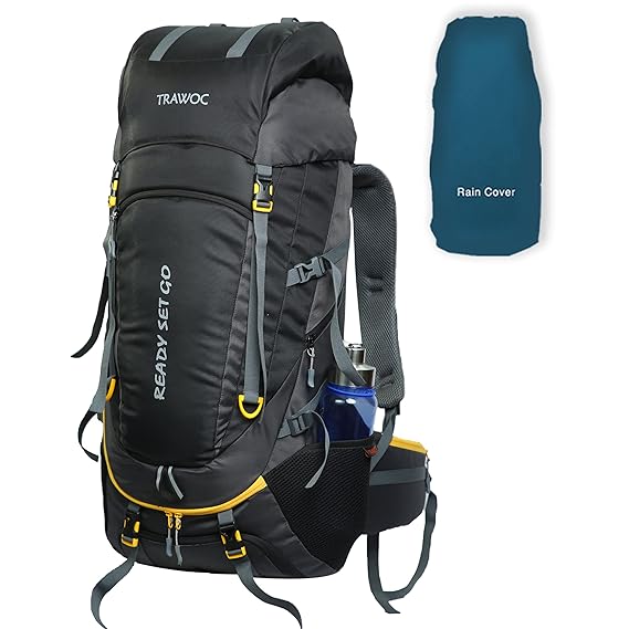 TRAWOC 65 Liter Internal Frame Camping Trekking Hiking Backpack Travel Bag Front & Top Loading Rucksack / Water Proof Rain Cover / Shoe Compartment, HK011