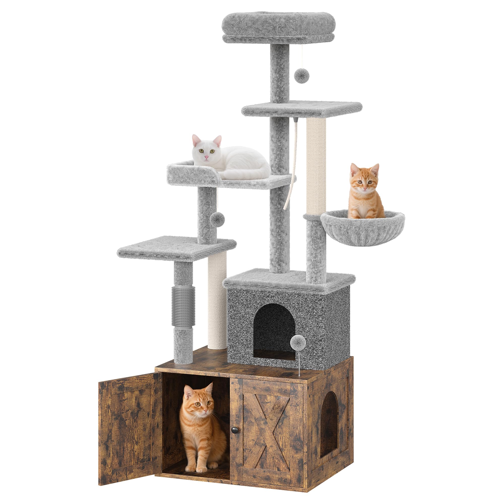 Cat Tree with Litter Box Enclosure, 2-in-1 Modern Cat Tower Furniture with Hidden Washroom, Scratching Posts, Hammock & Perch Platform, All-in-One Cat Condo for Indoor Cats, Brown