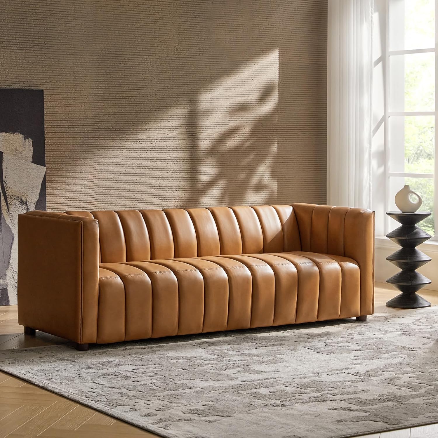 HULALA HOME 83" Genuine Leather Sofa with Channel Tufted Design, 3-Seater Sofa for Living Room Bedroom, Modern Oversized Couch with Wood Legs, Camel Genuine Leather-camel