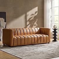 HULALA HOME 83" Camel Genuine Leather 3-Seater Sofa - Channel Tufted Modern Oversized Couch with Wood Legs
