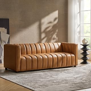 HULALA HOME 83" Camel Genuine Leather 3-Seater Sofa - Channel Tufted Modern Oversized Couch with Wood Legs