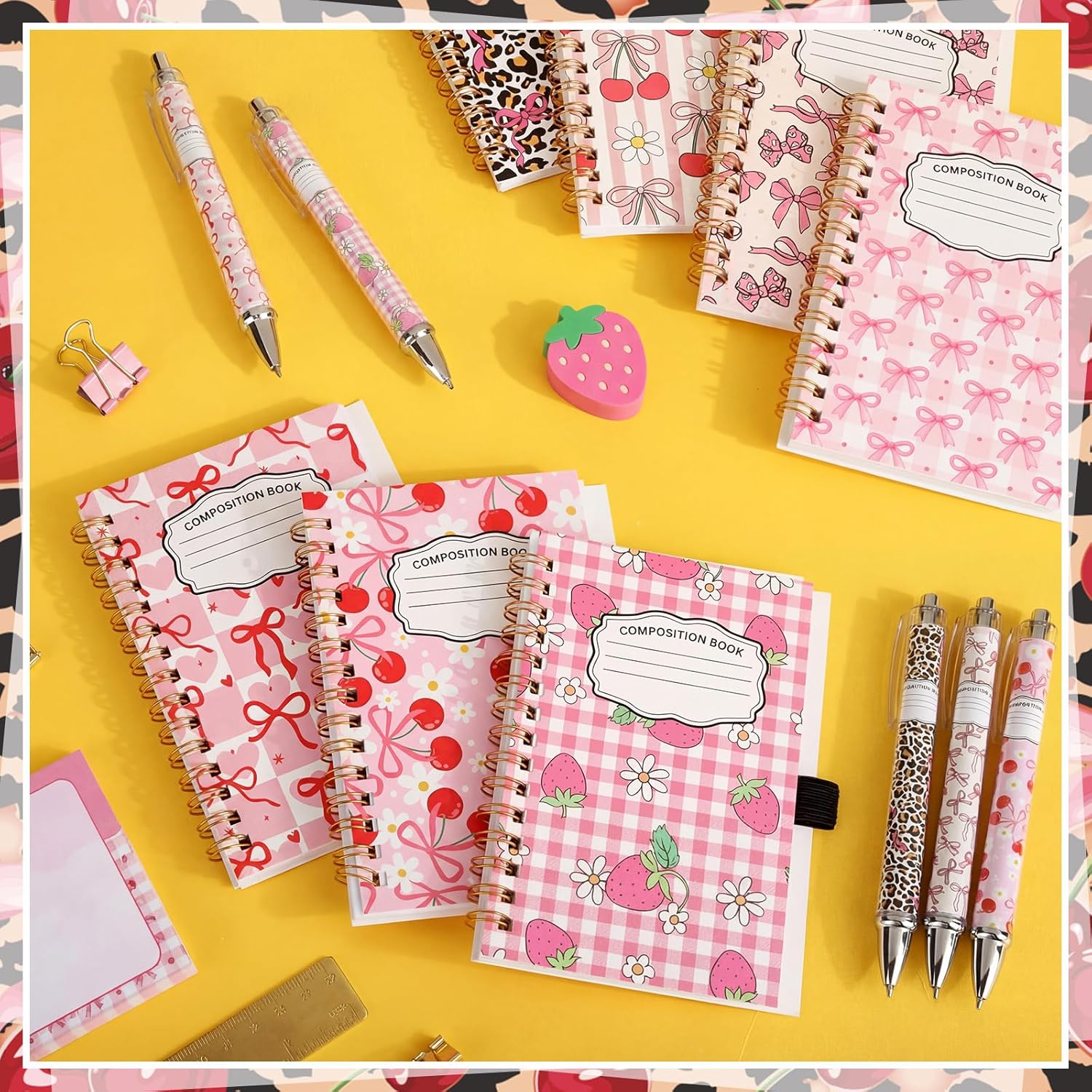 Eaasty 24 Pack Pink Bows Composition Notebooks Bulk Including Bow Spiral Notebook and Black Ink Ballpoint Pens Coquette Bows Back to School Graduation Gift for Girls Women School Office Supplies