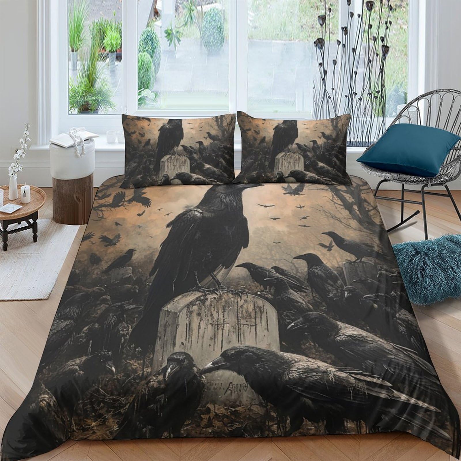 Ctjqhvkz Style-6 3D Printed Gothic Raven Fitted Sheet Microfiber Soft Breathable Cemetery Bed Cover For Bedroom Dorm Decor Single（135X200cm）