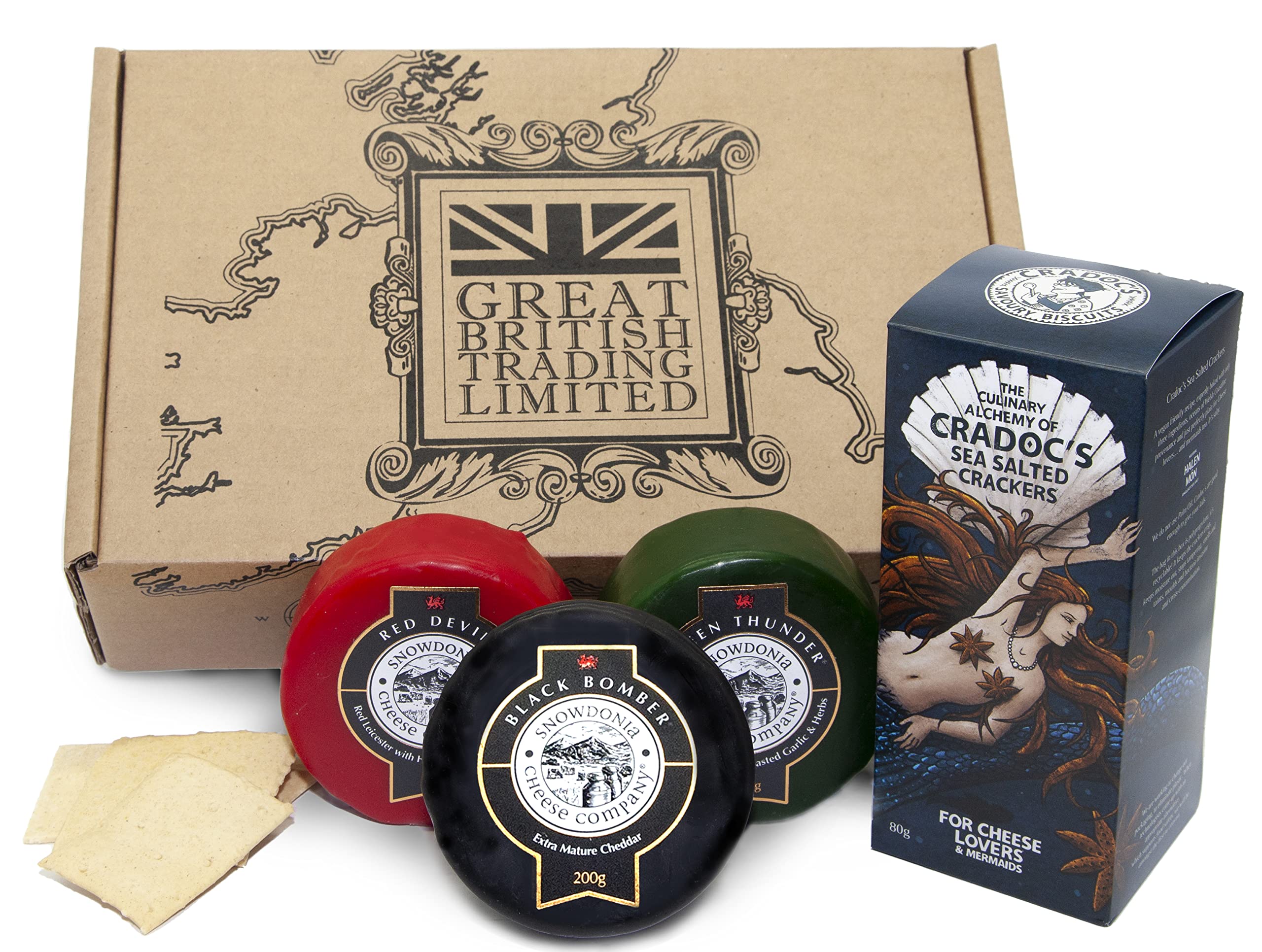Great British Trading 3x Snowdonia Cheese Truckles with Cradocs Sea Salted Crackers Gift Hamper