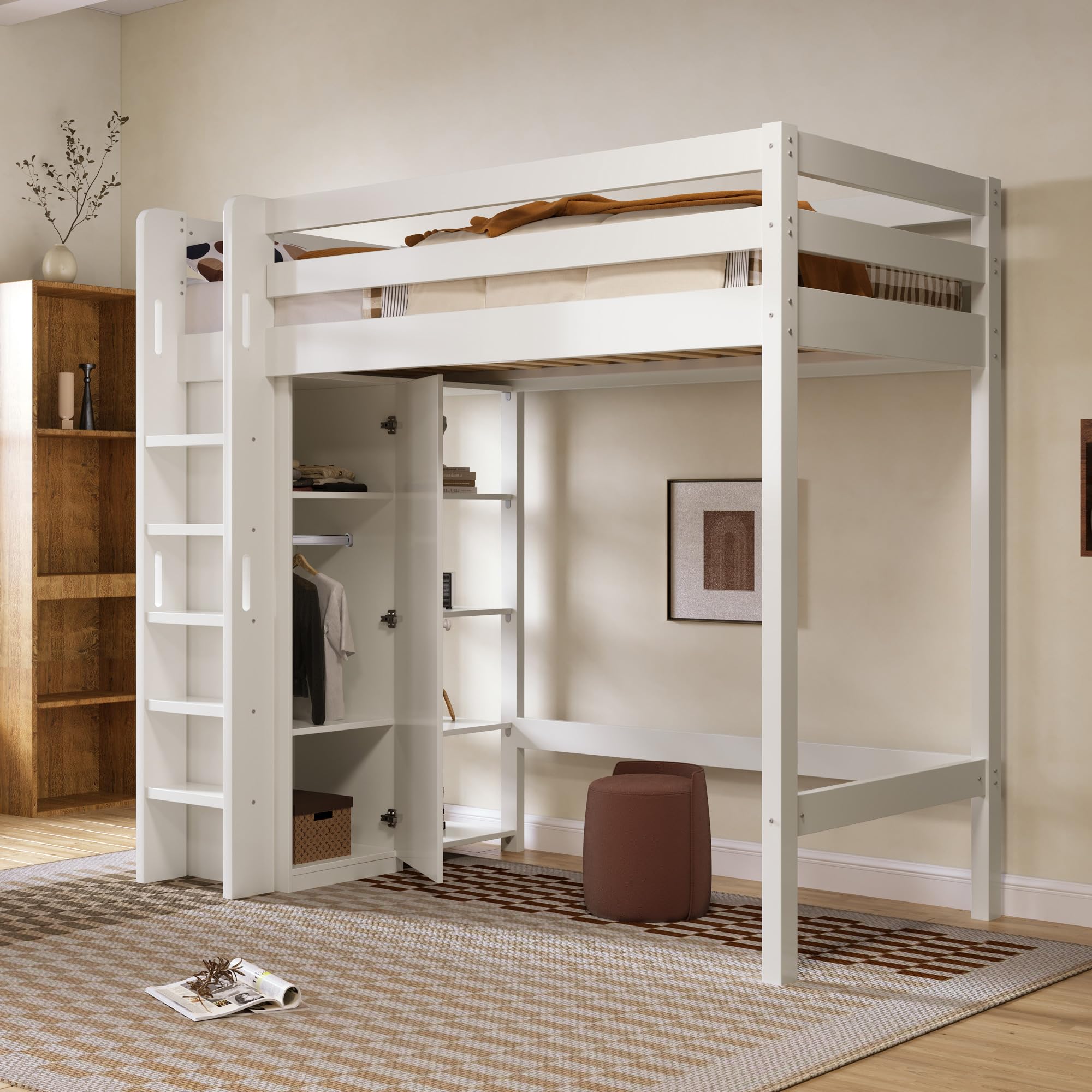 LAKFEW Cama Alta Infantil 90x200 cm con Armario y Estante Almacenaje Ajustable, Cama Tren Camas Altas con Dispositivo antivuelco y Protección Anticaída, Camas Literas con Escalera, Blanco, Sin Colchón
