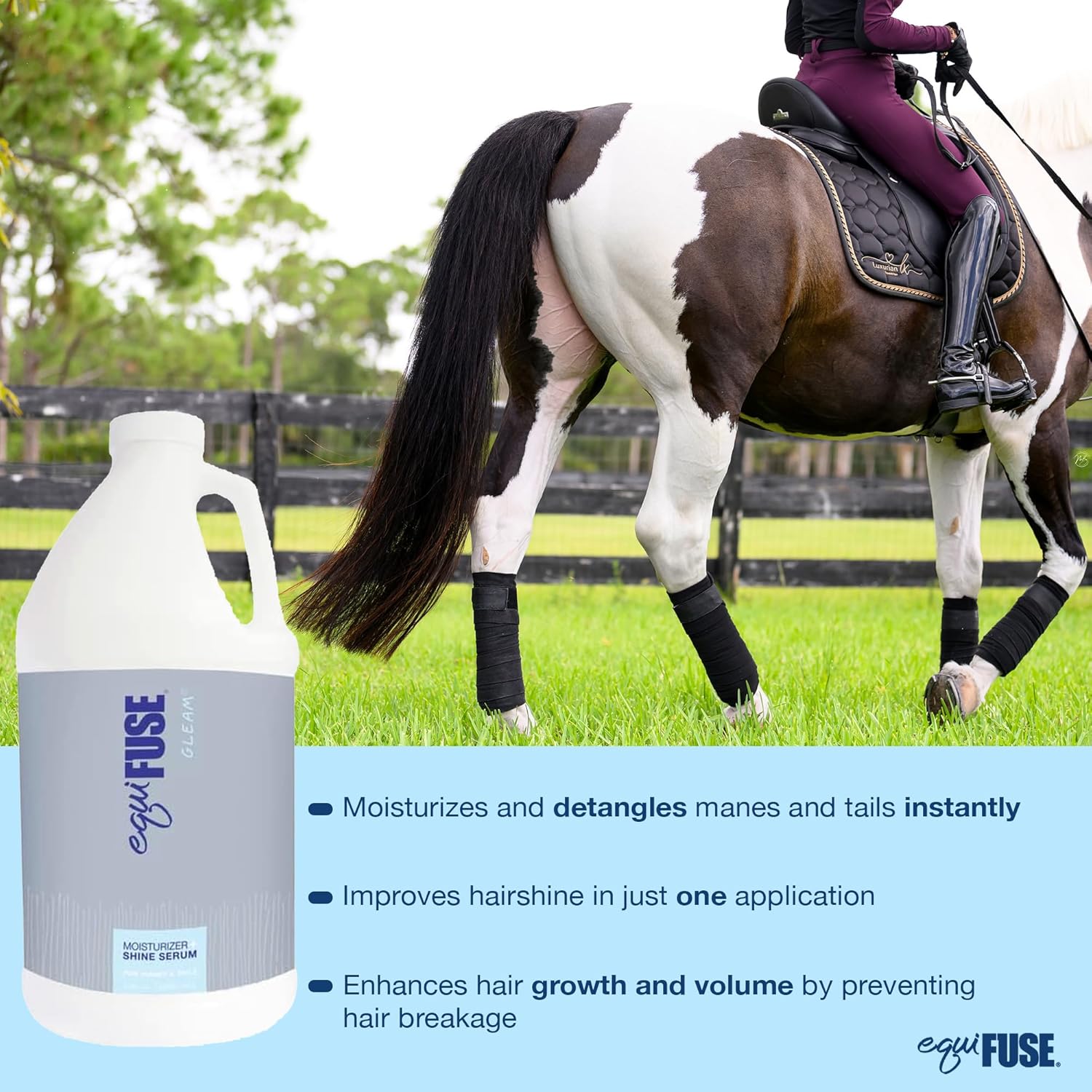 EquiFUSE Gleam Moisturizer + Shine Serum for Horses | detangles Even The unruliest Manes and Tails | Provides Long-Lasting Shine (64 oz)