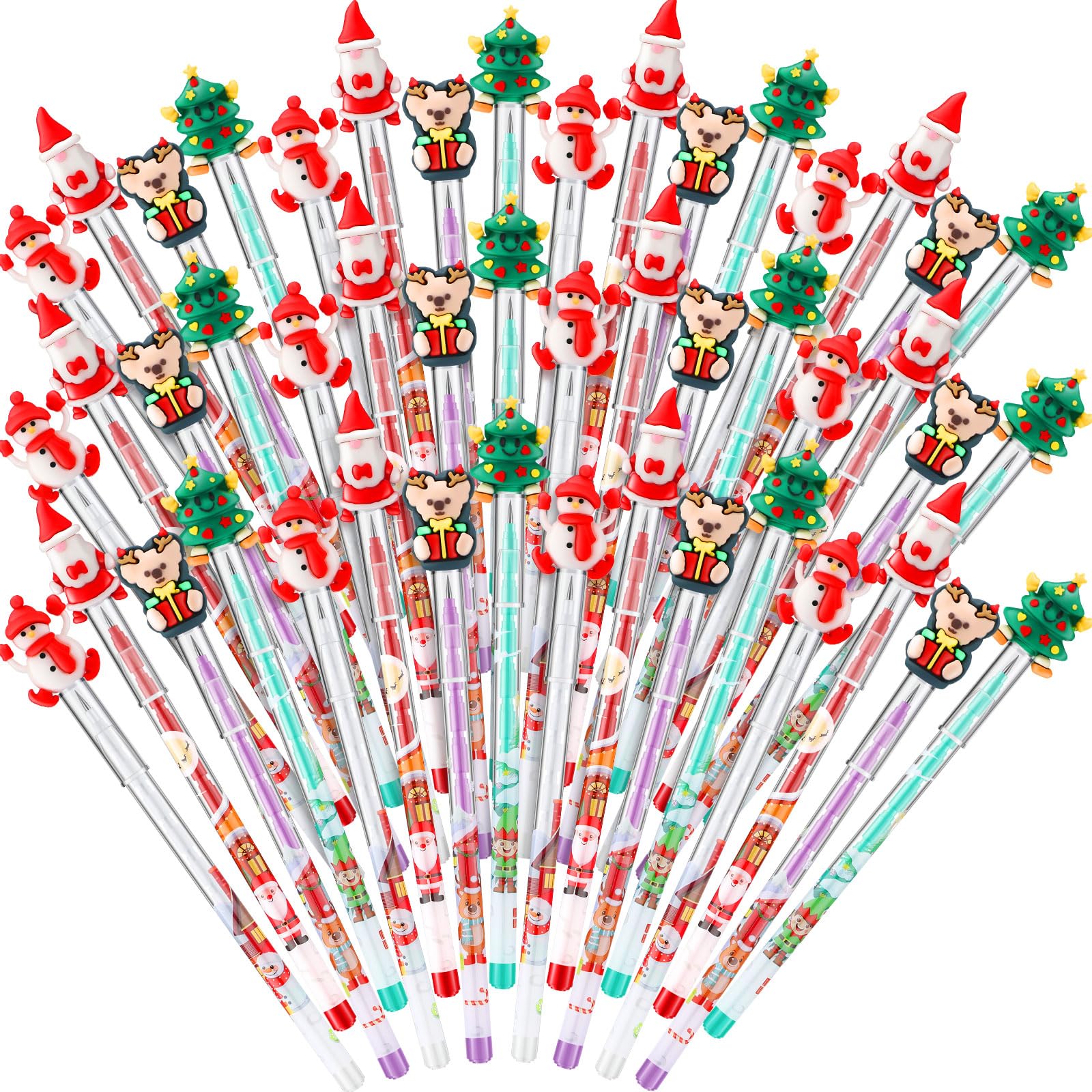 Yexiya 48 Pcs Christmas Stackable Pencils Bulk, Christmas Cute Fun Pencils Bulk with Xmas Tree Santa Snowman Reindeer Topper for Gifts Rewards Favors