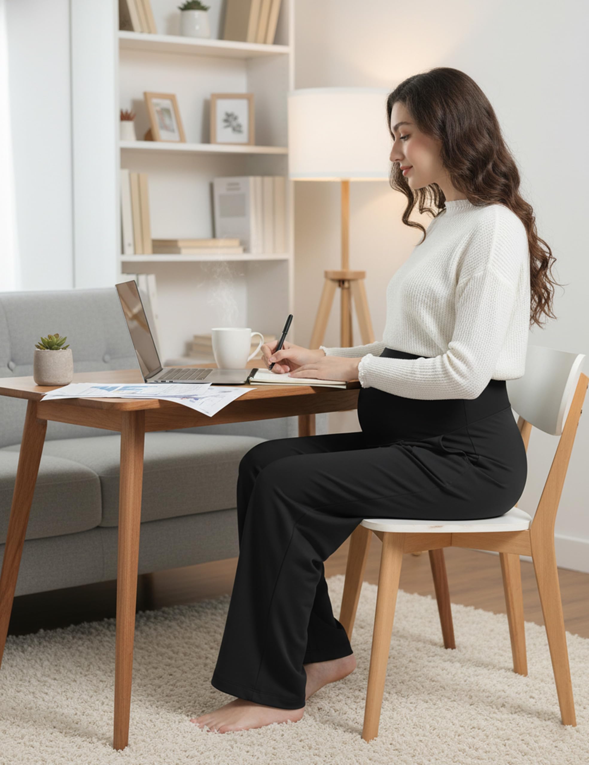 Pantalon Grossesse Femme Jambes Larges Bureau | Taille Haute, Extensible, Avec Poches, Maternité, Travail, Maison