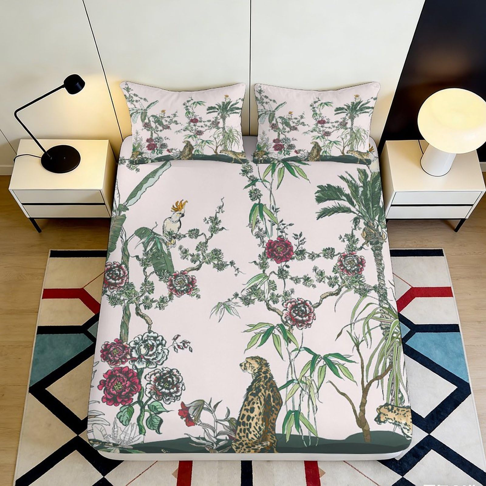 3D Printed Jungle Animal Fitted Sheet Microfiber Soft Exotic Botanical Mattress Cover for Bedroom Guest Room Decor 90x200x25cm