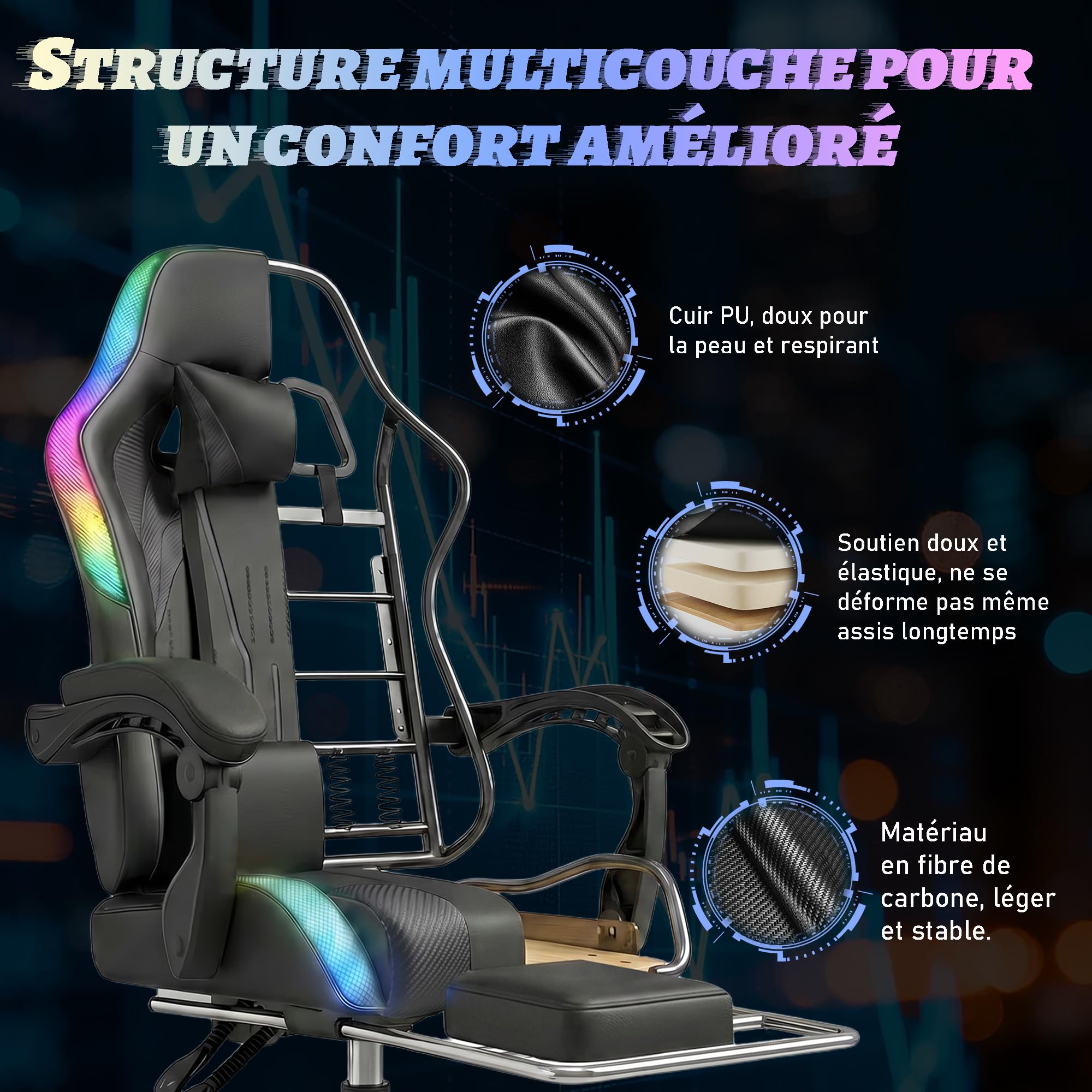 Devoko Chaise Gaming Ergonomique avec LED RGB, Massage Lombaire & Repose-Pieds – Fauteuil Gamer avec Appui-tête réglable – Dossier inclinable & Hauteur Ajustable – 180 kg,Noir
