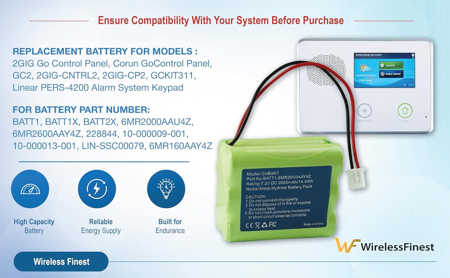 2000mAh Backup Battery Replacement For 2Gig BATT1, BATT1X, BATT2X, 6MR2000AAY4Z, GC2 2GIG-CNTRL2 2GIG-CP2, GCKIT311, 228844, Go Control Security Panel Alarm System 10-000013-001, Linear PERS-4200