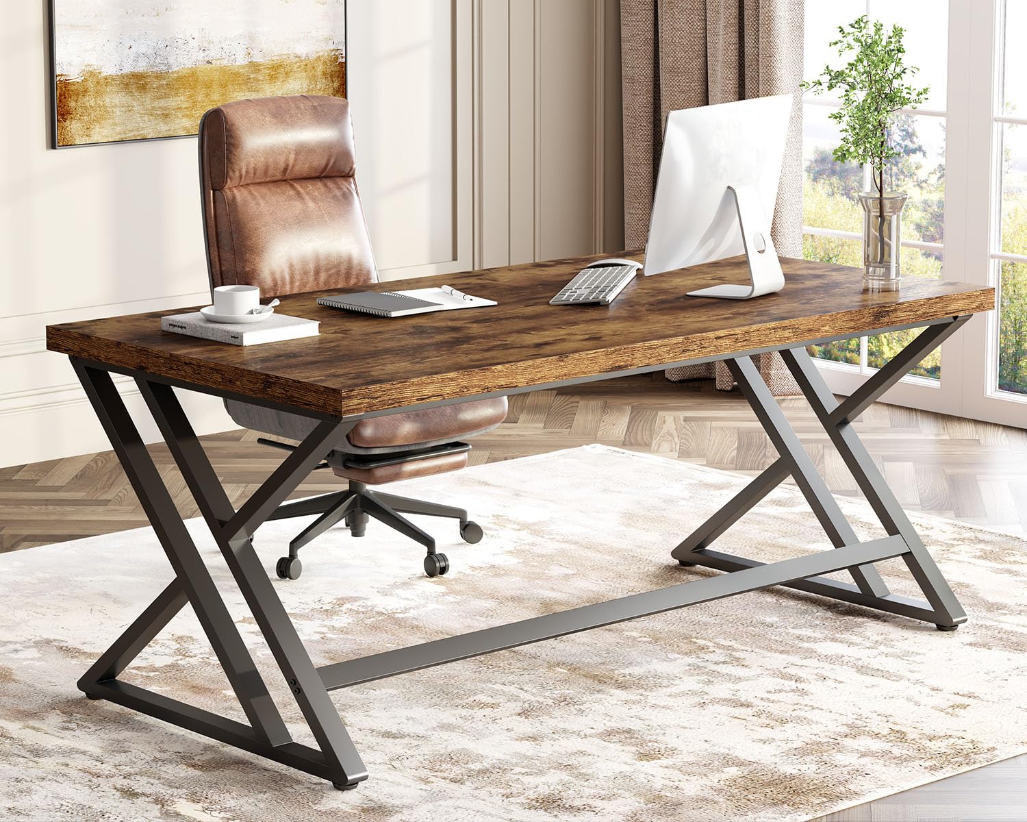 LVB Escritorio rústico para computadora, escritorio de madera de metal para oficina en casa, escritorio ejecutivo de estudio simple industrial para trabajo de escritura, mesa de computadora de madera