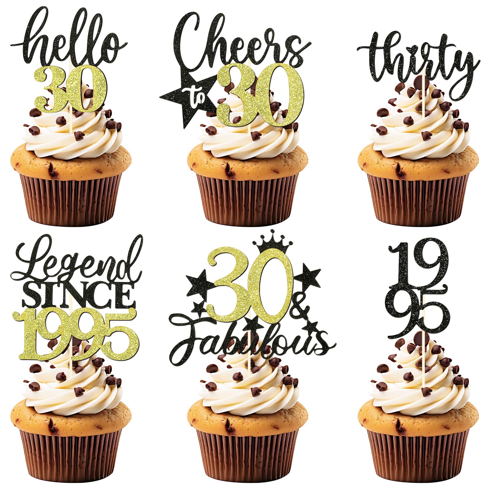 BOOMTOP 24pcs Decoración Tarta de Año 30, Decoración Tarta Cupcake Cumpleaños 30, Topper Cake Cumpleaños Aniversario 30, Adorno Cupcake Feliz Año 30, Decoración Cumpleaños Papel Brillante de Año 30