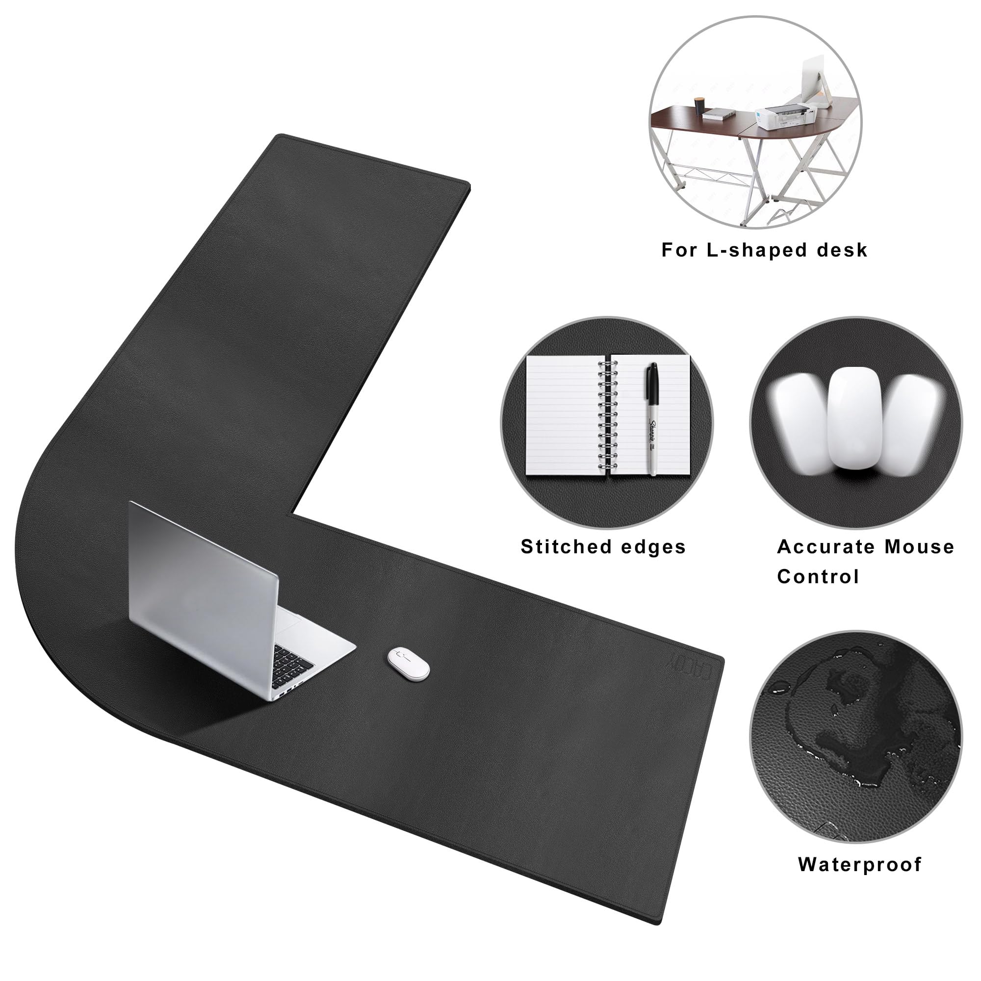 Cacoy Sottomano a forma di L, Tappetino da Scrivania per Computer Angolare in pelle PU, Tappetino per Mouse da Gioco Copertura Protettiva da Tavolo Impermeabile, (137+150) x40cm, (Nero)