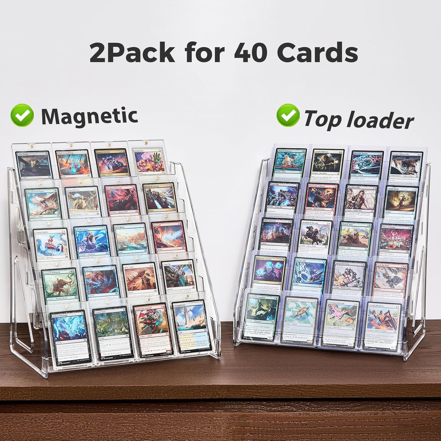 DEEIF 2 Pack Acrylic Trading Card Display Stand, 5-Tier Clear Shelf Holds Up to 40 Cards, 12" Wide Card Holder for Top loaders & Magnetic Cases, Large Storage for TCG, MTG Cards