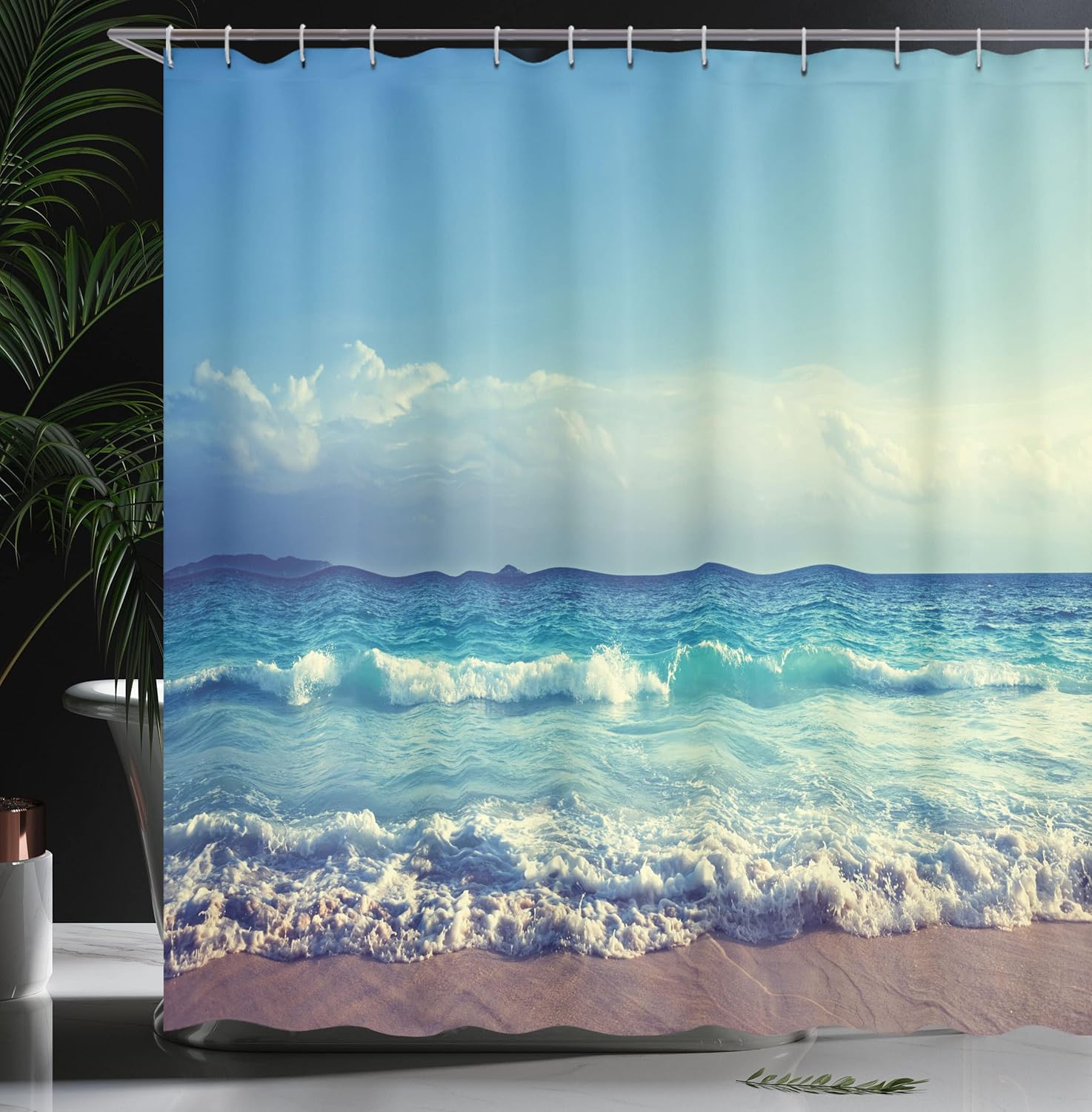 Ambesonne Tropical Island Shower Curtain, Ocean Waves on Seychelles Beach at The Sunset Time Skyline, Cloth Fabric Bathroom Decor Set with Hooks, 69" W x 70" L, Turquoise Sky Blue