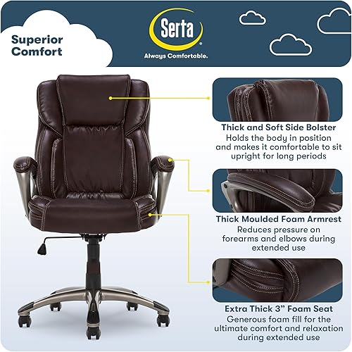 Miniatura 67 de Serta Silla de computadora ergonómica ajustable para oficina ejecutiva con almohadas corporales en capas, borde de asiento de cascada, cuero Blanco