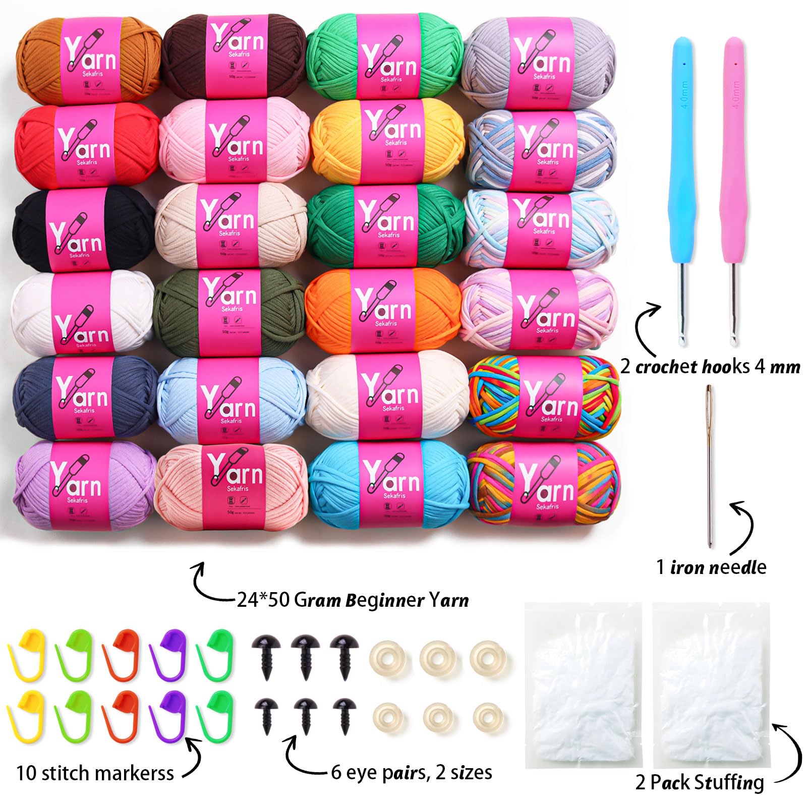 Häkelgarn für Anfänger, Baumwolle, grobes Garn, Schwarz, Weiß, Orange, Rot, Grün, Regenbogen, Rosa, Gelb, leicht zu erkennende Stiche zum Häkeln (24 x 50 g), 24 Stück