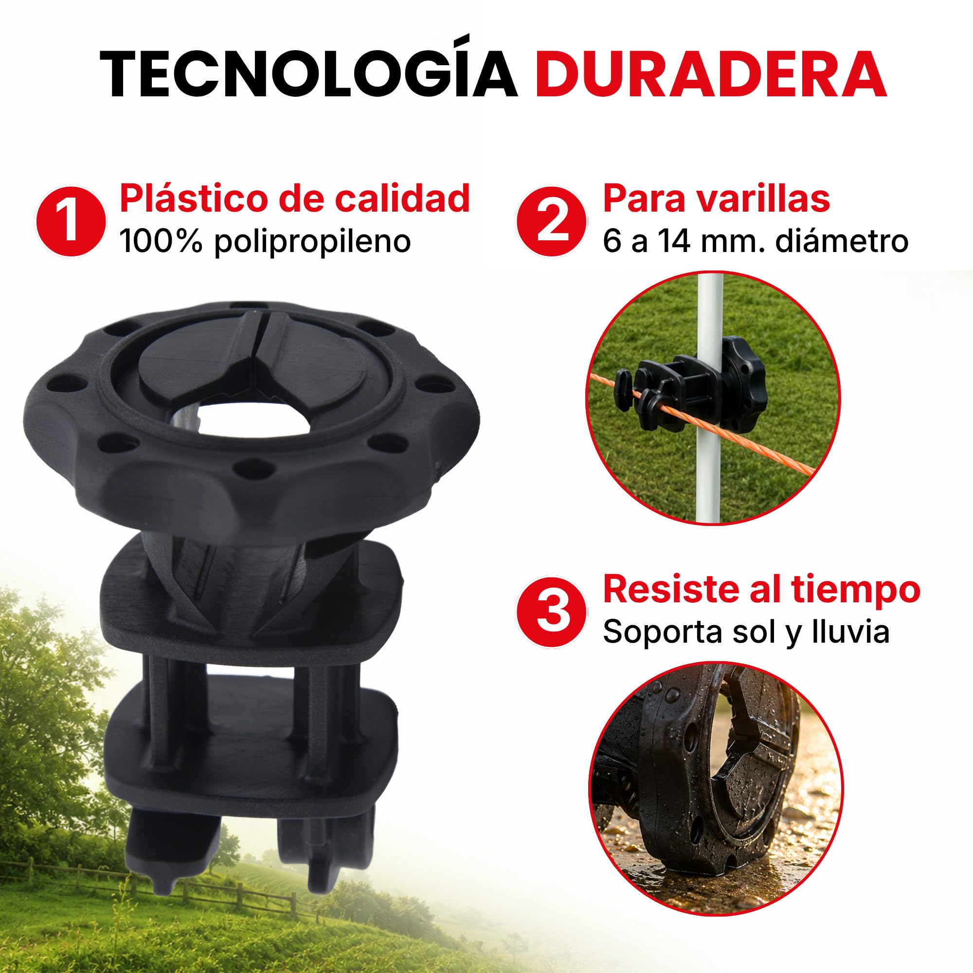 Llampec Aisladores para Pastor Eléctrico N°27 – Pack 500 Unidades - Aislador Roscado para Varilla de Fibra o Metal (6–14 mm) - Polipropileno Resistente a UV - Para Hilo o Cuerda Eléctrica